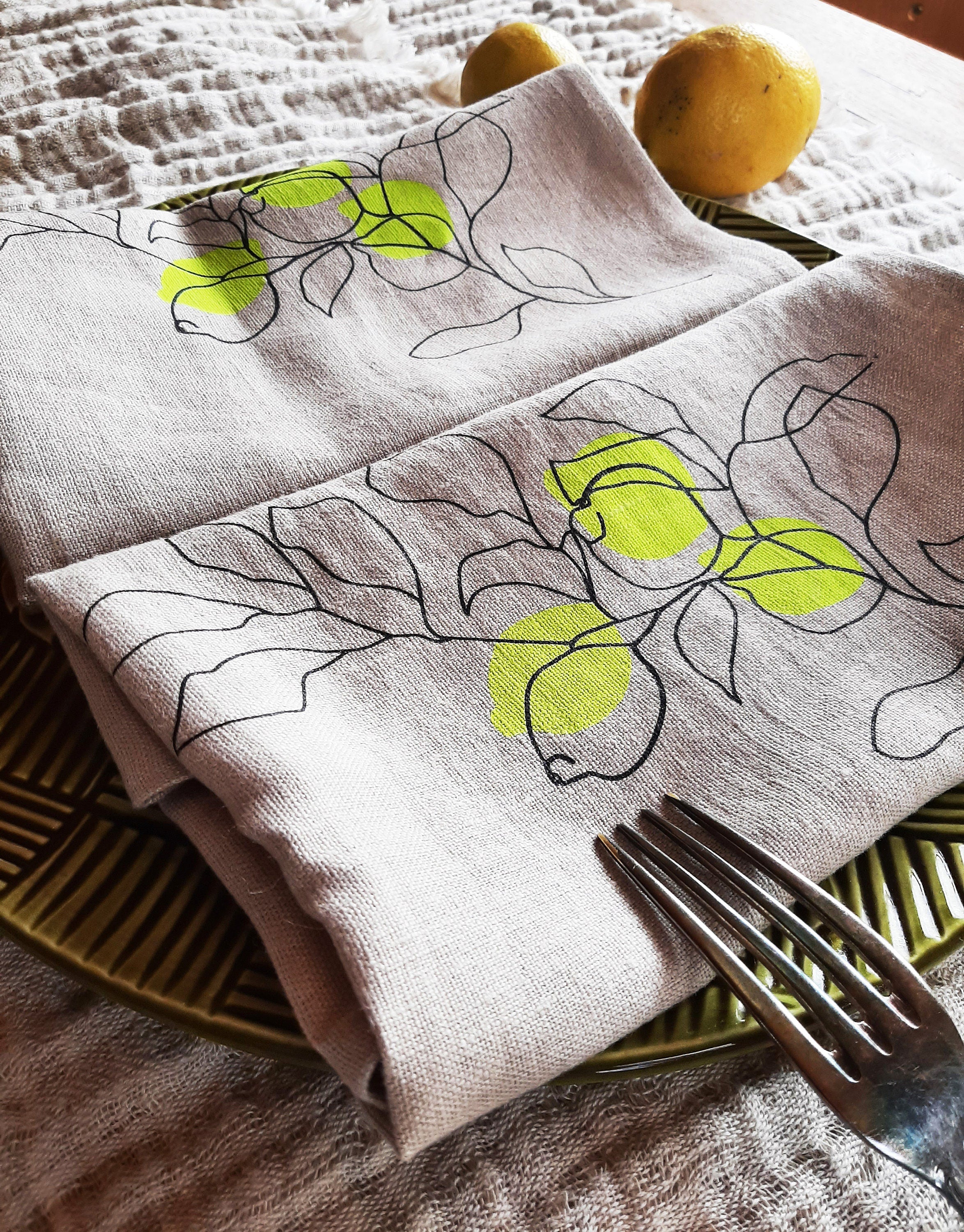 Leinen Stoff-Servietten, natur mit Motiv Zitrone schwarz / neongelb, 2er Set, Siebdruck Unikat, Tischsets Küchentuch, Wohn-Deko beige