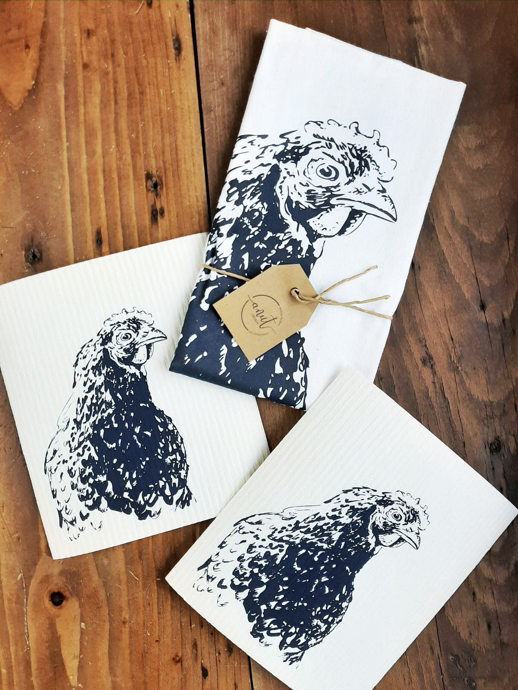 Nachhaltige waschbare Schwammtücher im 2er Set, handbedruckt mit Huhn, Siebdruck, Geschenk Hühnerhalter, perfekt für Ostern & Frühling