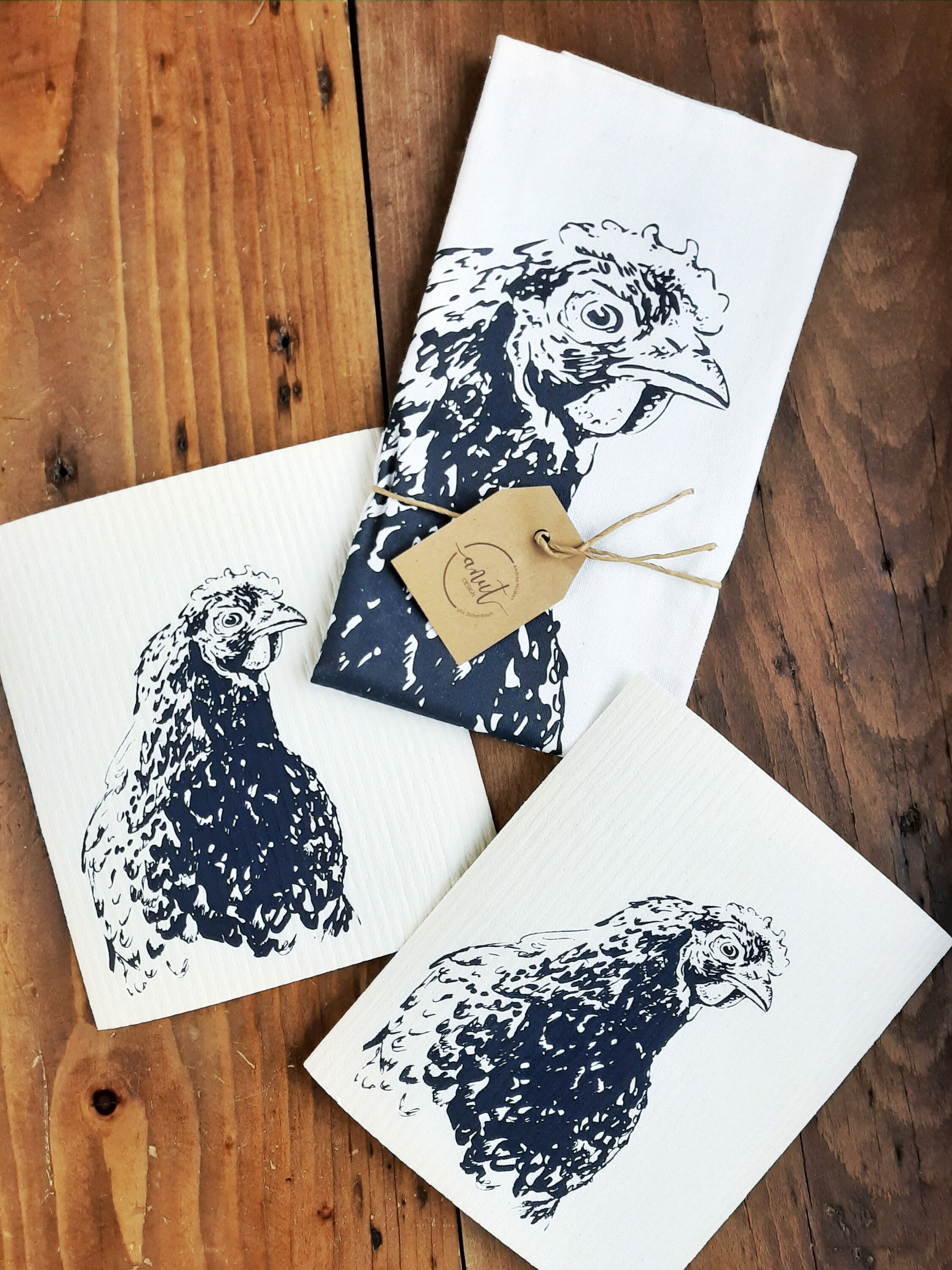 Nachhaltige waschbare Schwammtücher im 2er Set, handbedruckt mit Huhn, Siebdruck, Geschenk Hühnerhalter, perfekt für Ostern & Frühling