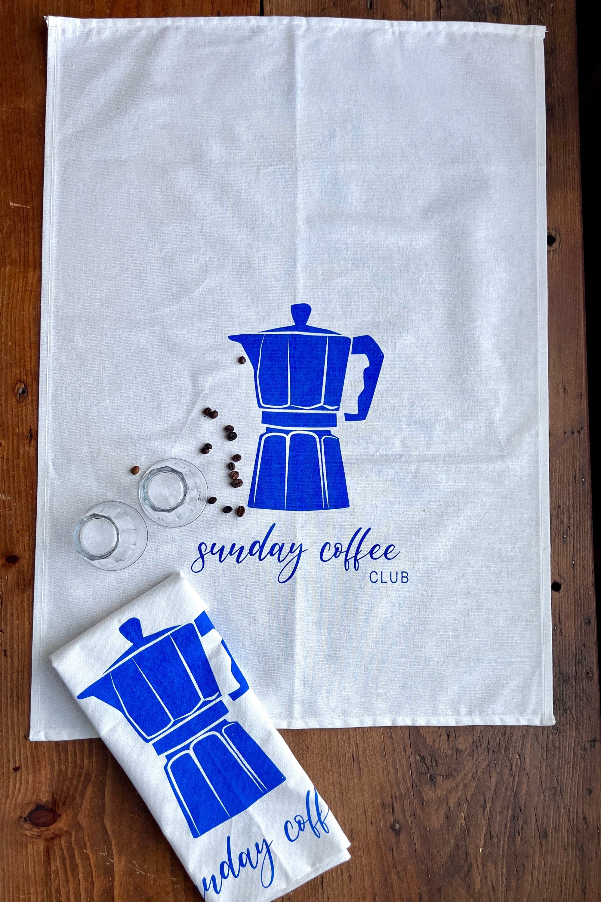 Geschirrtuch weiß bedruckt Espresso-Kanne, Küchentuch mit Siebdruck-Motiv, Geschenk Kaffee-Trinker, Halbleinen, Leinen
