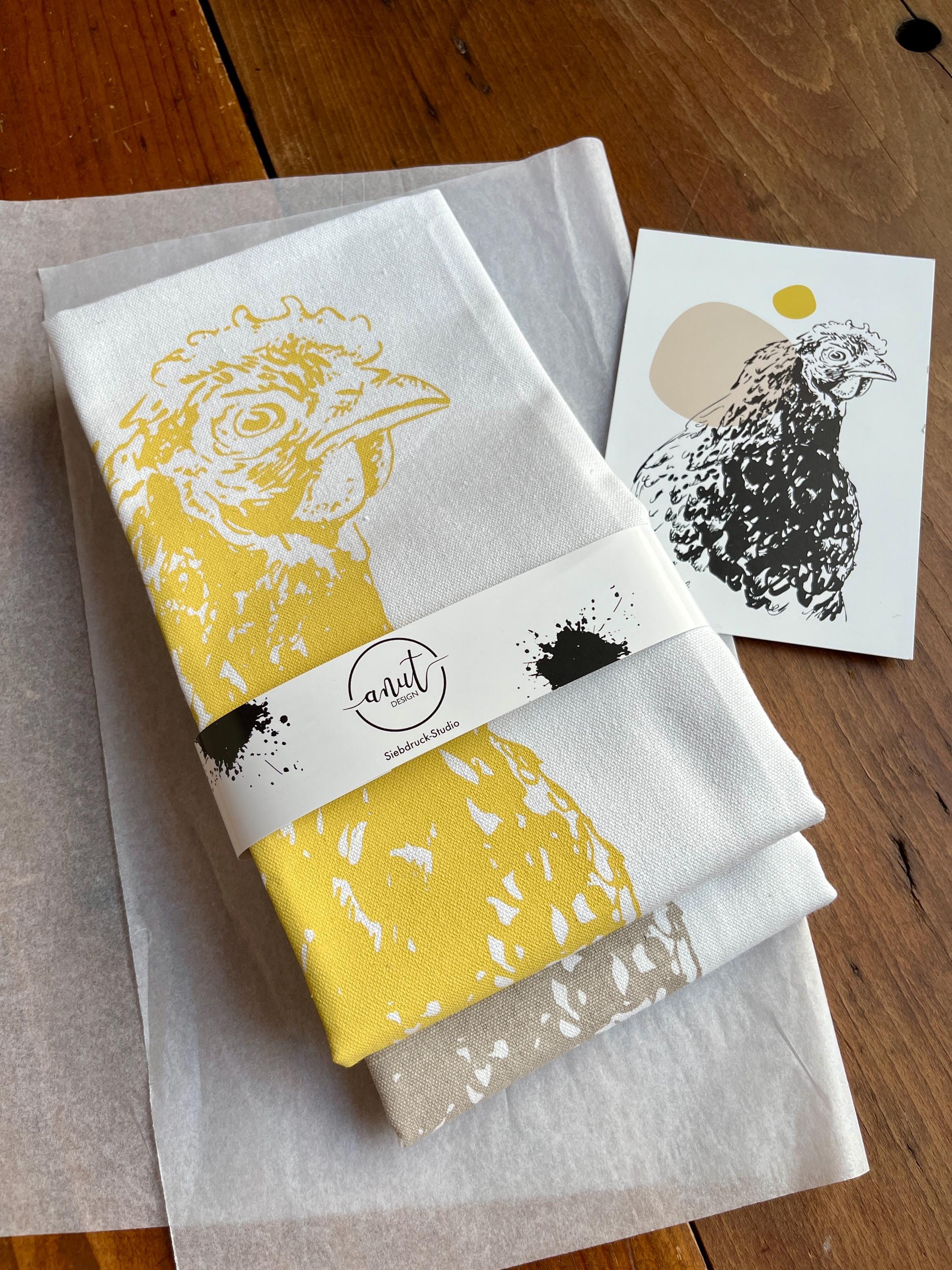 Handbedrucktes Geschirrtuch-Set mit Hühnermotiv, Siebdruck, Geschenk für Hühnerliebhaber, praktisches Küchentuch-Set für Alltag & Dekoration