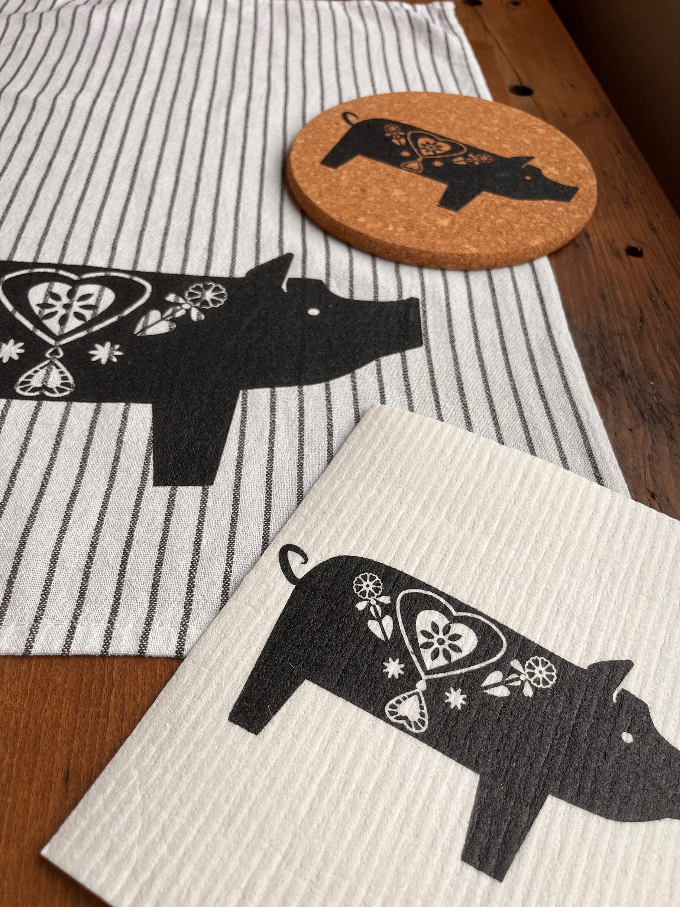 2er Set waschbare Schwammtücher "Schweinchen", schwarz / weiß, Siebdruck, Spültuch vegan, Spülschwamm nachhaltig, skandinavische Küchenidee