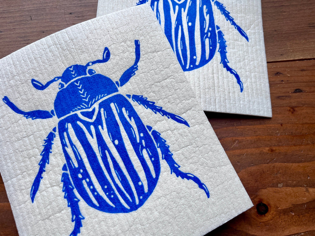 2er Set waschbare Schwammtücher mit Maikäfer, blau, weiß, grau, nachhaltig,  Siebdruck, Geschenk Küche