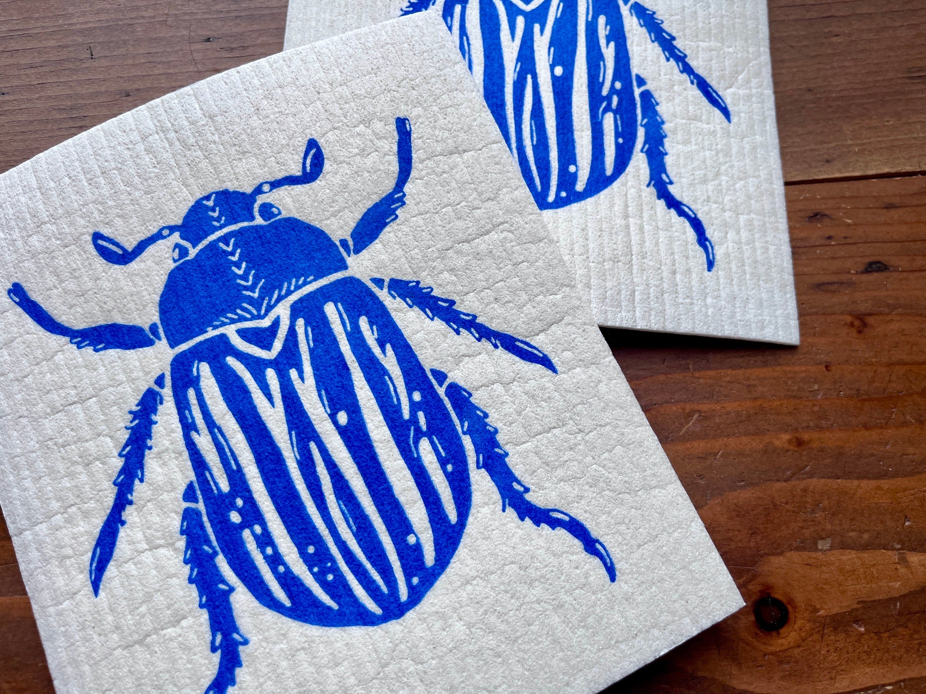 2er Set waschbare Schwammtücher mit Maikäfer, blau, weiß, grau, nachhaltig,  Siebdruck, Geschenk Küche