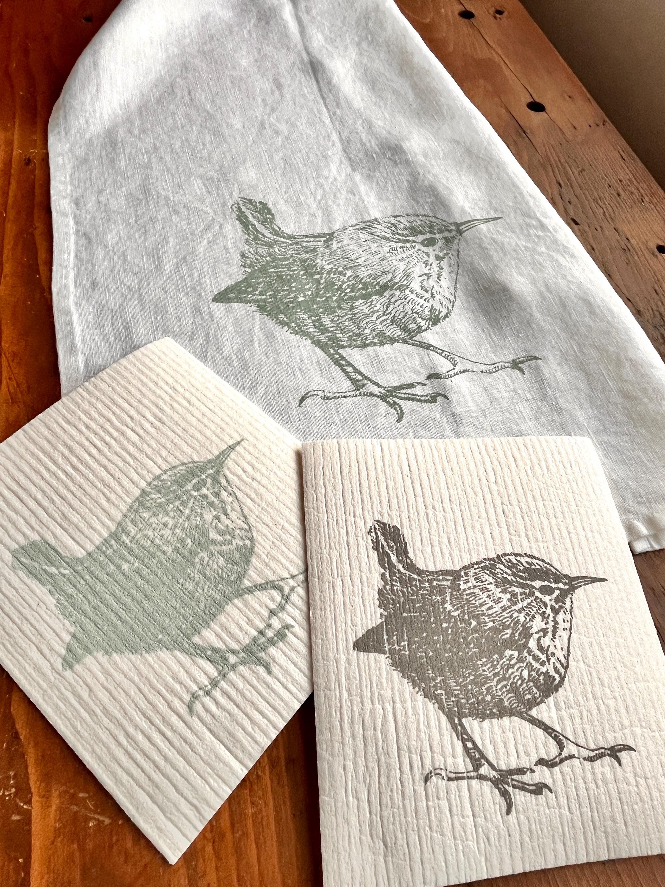 Nachhaltiges Geschenk 2er Set Schwammtücher handbedruckt mit Zaunkönig | Siebdruck Handarbeit  |Zero-Waste Geschenk | Waschbare Küchentücher
