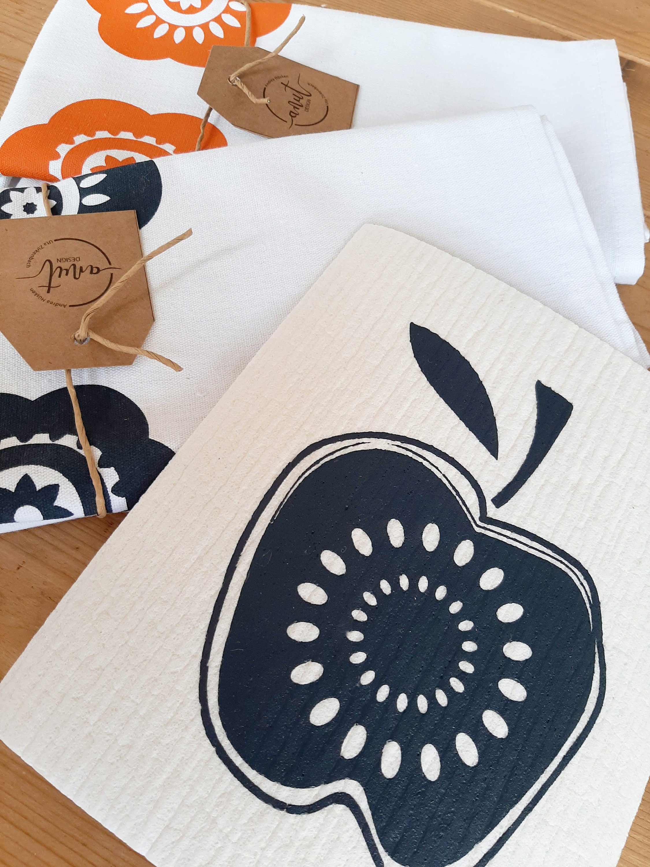 2er Set nachhaltige Schwammtücher mit Motiv Apfel, Siebdruck, veganes, waschbares Spültuch, Geschenk für Vintage-Fan, 70iger Jahre Deko