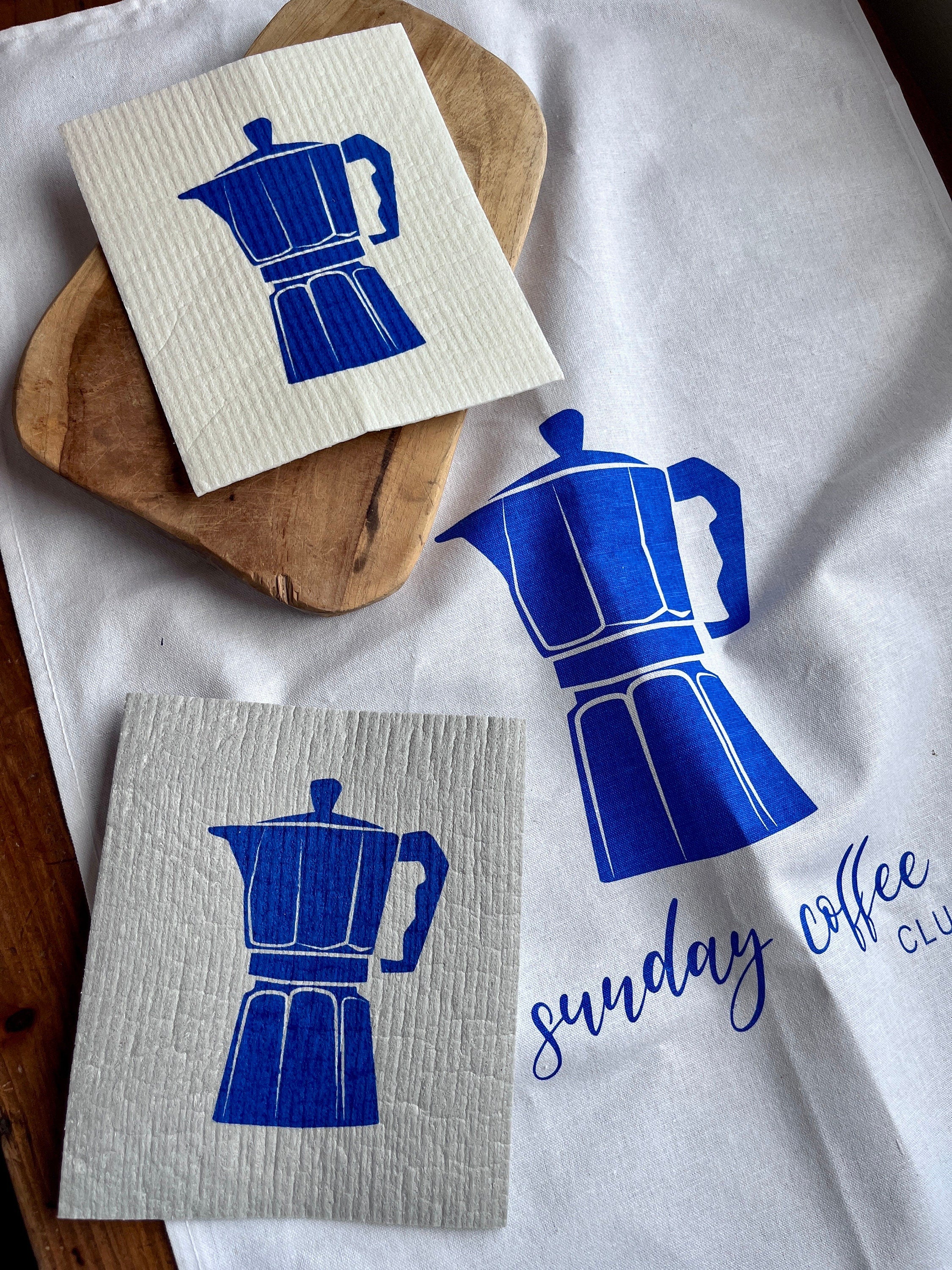 2er Set waschbare Schwammtücher mit Espresso-Kanne, blau, weiß, grau, nachhaltig,  Siebdruck, Geschenk Kaffee- / Barista-Liebaber