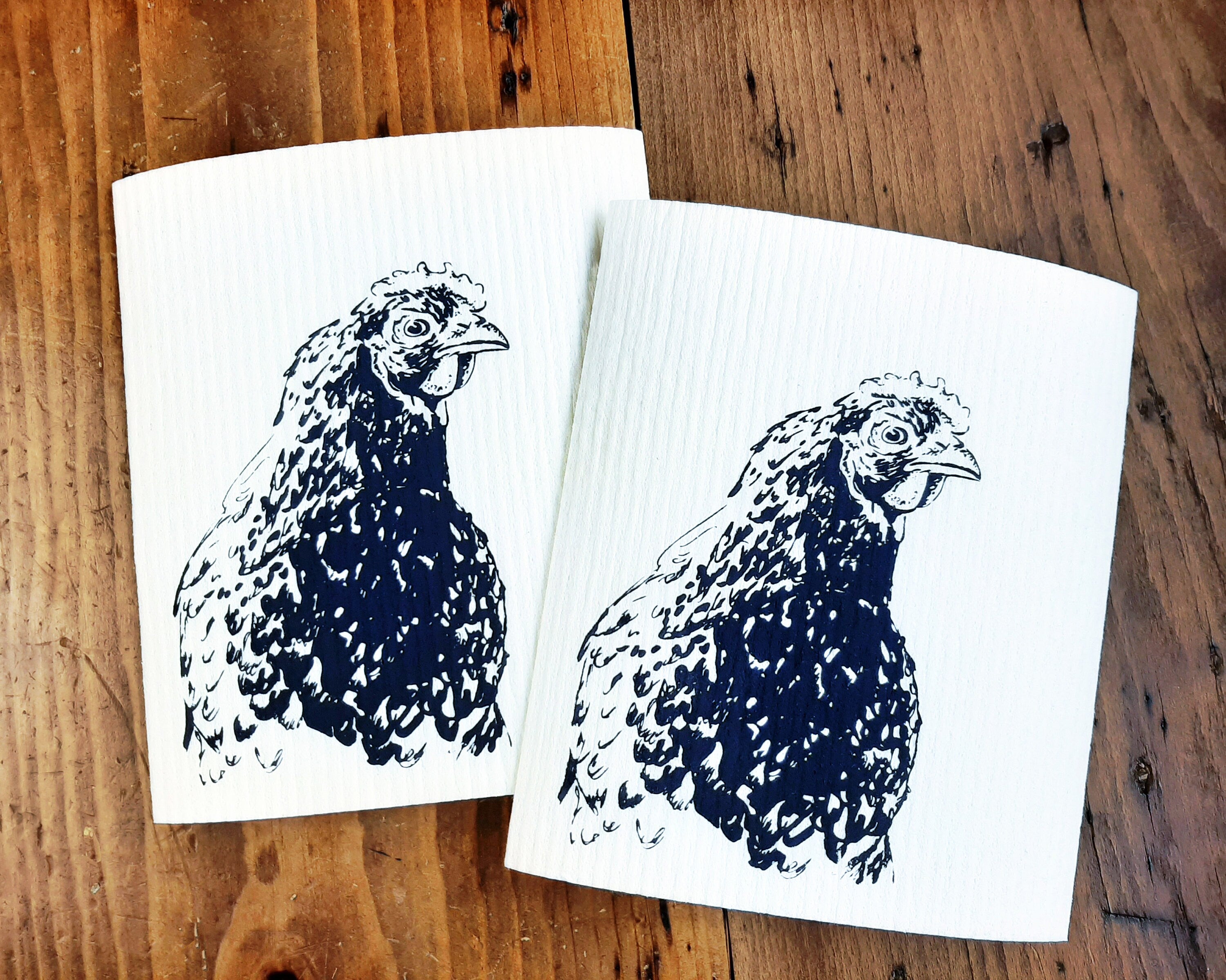 Nachhaltige waschbare Schwammtücher im 2er Set, handbedruckt mit Huhn, Siebdruck, Geschenk Hühnerhalter, perfekt für Ostern & Frühling