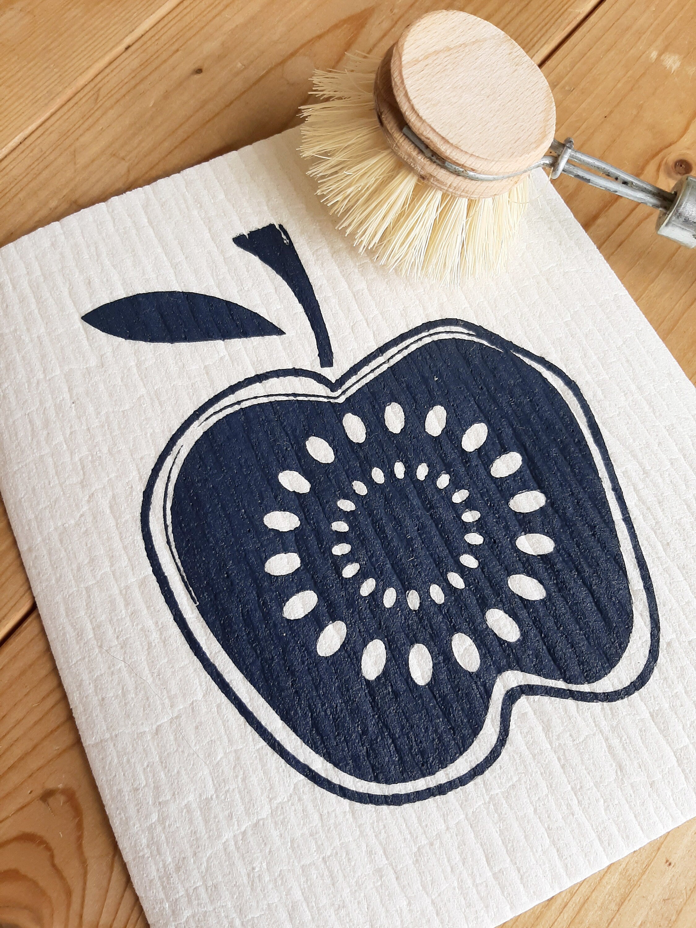 2er Set nachhaltige Schwammtücher mit Motiv Apfel, Siebdruck, veganes, waschbares Spültuch, Geschenk für Vintage-Fan, 70iger Jahre Deko
