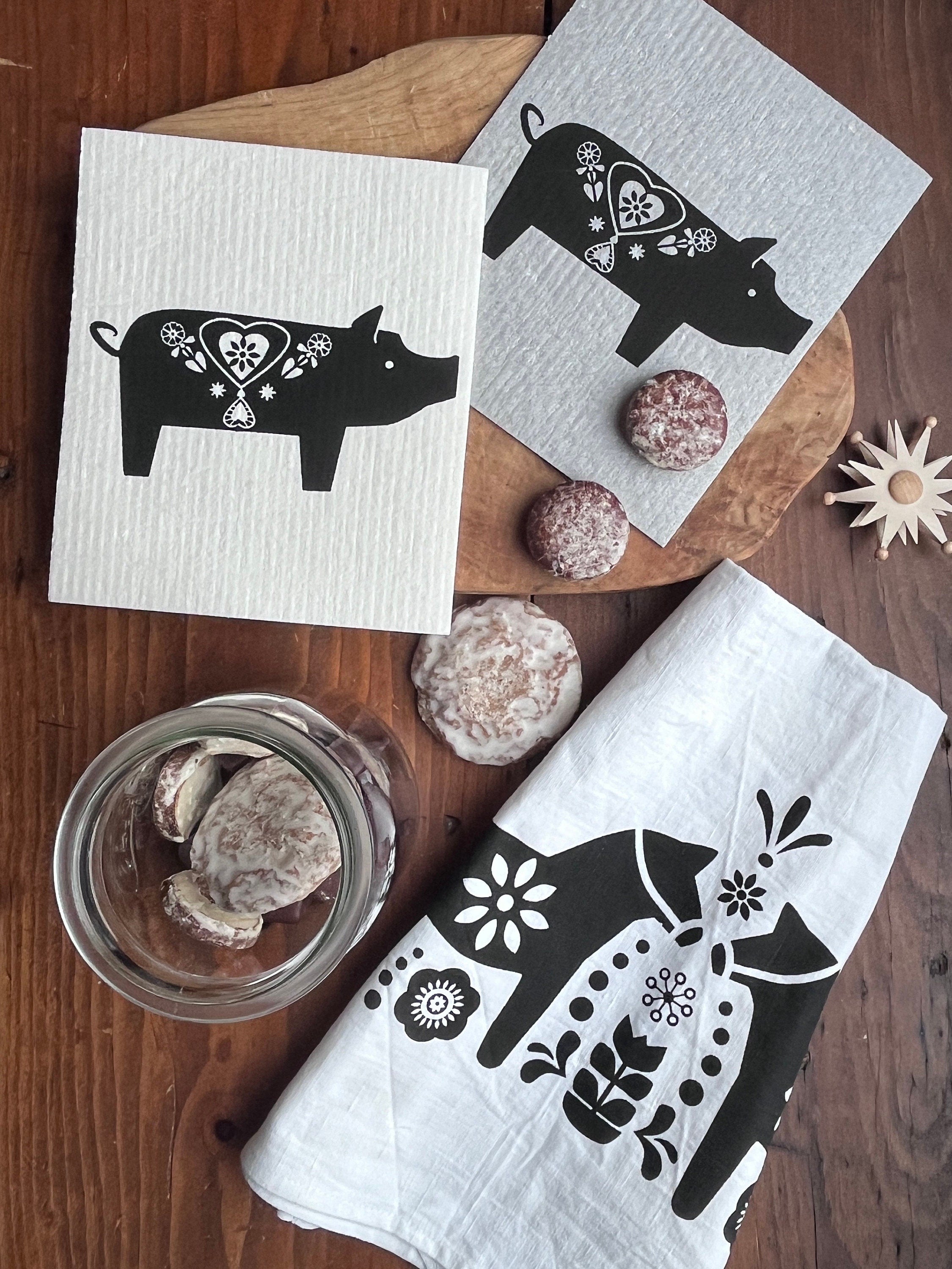 2er Set waschbare Schwammtücher "Schweinchen", Siebdruck, Spültuch vegan, Spülschwamm nachhaltig, skandinavische Küchenidee, Weihnachtsdeko