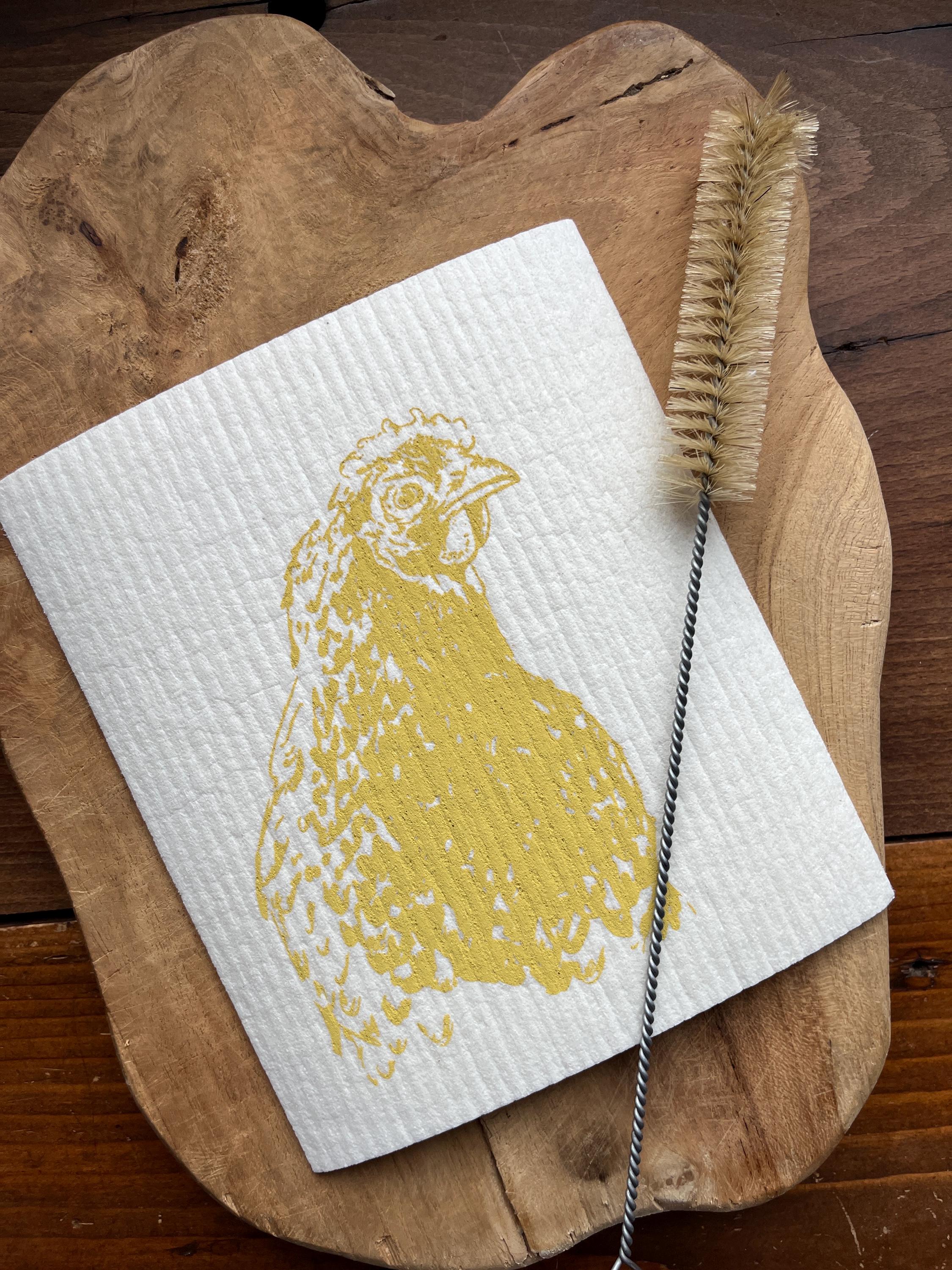 Nachhaltige waschbare Schwammtücher im 2er Set, handbedruckt mit Huhn, Siebdruck, Geschenk Hühnerhalter, perfekt für Ostern & Frühling