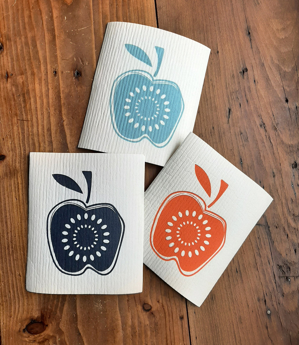 2er Set nachhaltige Schwammtücher mit Motiv Apfel, Siebdruck, veganes, waschbares Spültuch, Geschenk für Vintage-Fan, 70iger Jahre Deko