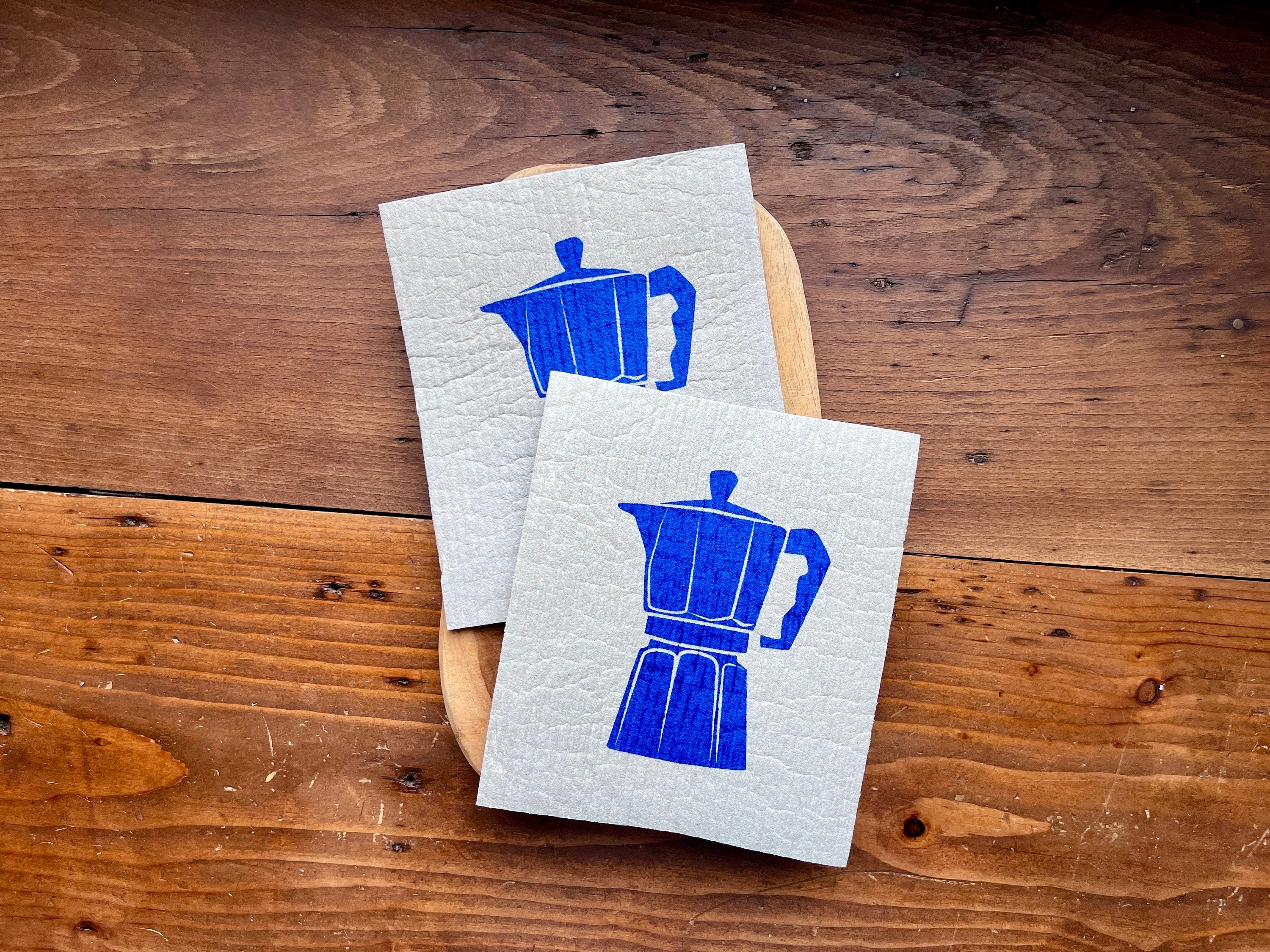 2er Set waschbare Schwammtücher mit Espresso-Kanne, blau, weiß, grau, nachhaltig,  Siebdruck, Geschenk Kaffee- / Barista-Liebaber