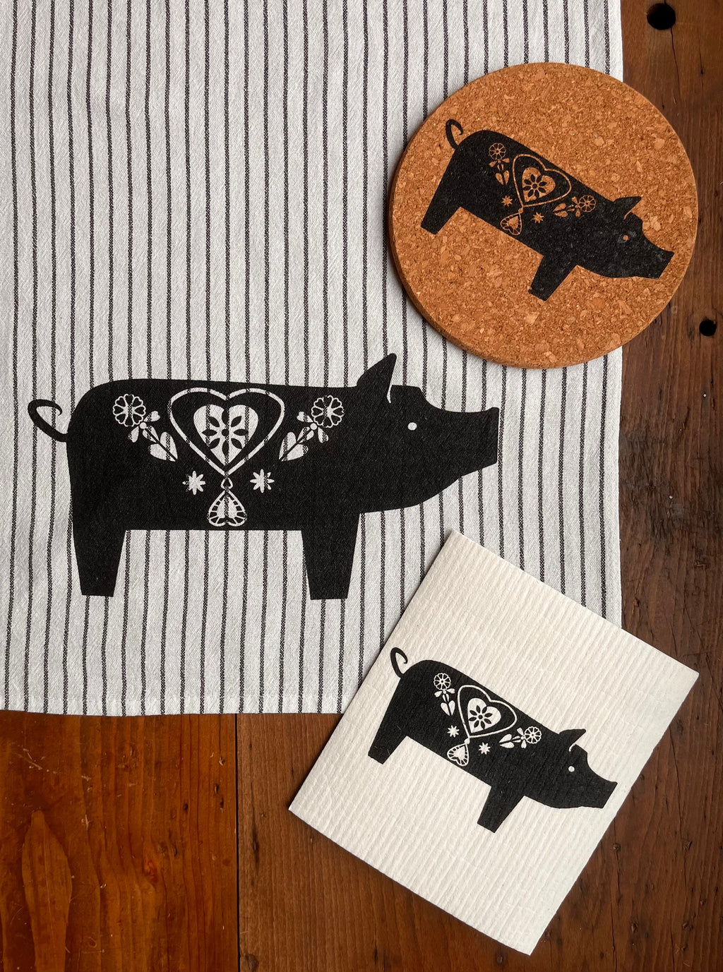 2er Set waschbare Schwammtücher "Schweinchen", schwarz / weiß, Siebdruck, Spültuch vegan, Spülschwamm nachhaltig, skandinavische Küchenidee