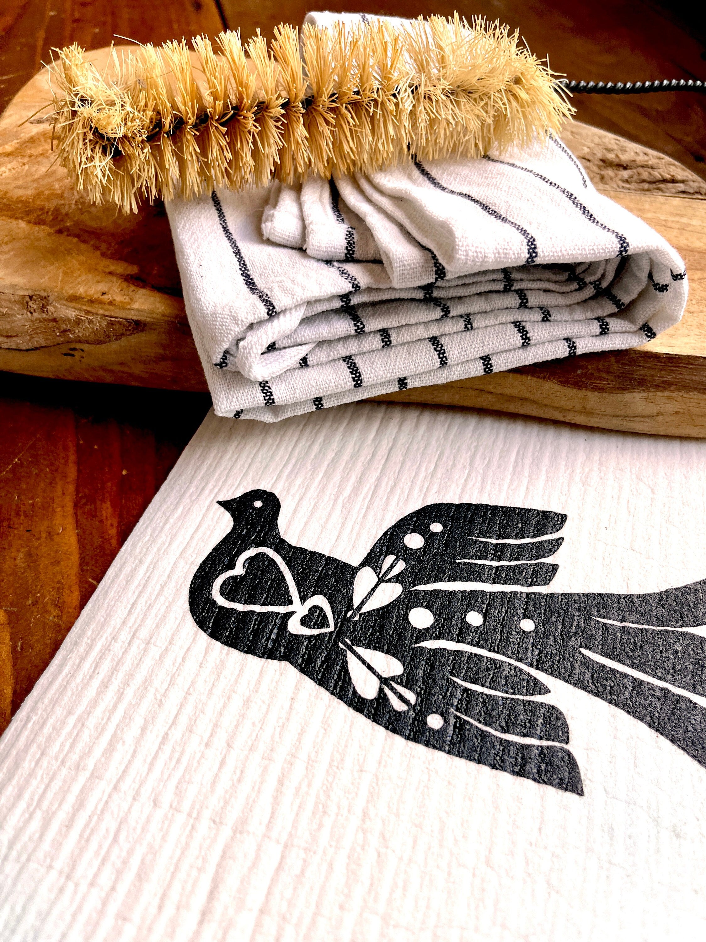 2er Set waschbare Schwammtücher "Vogel", schwarz /weiß, vegane, nachhaltige Spültücher, Siebdruck, Handdruck, Geschenk Küche