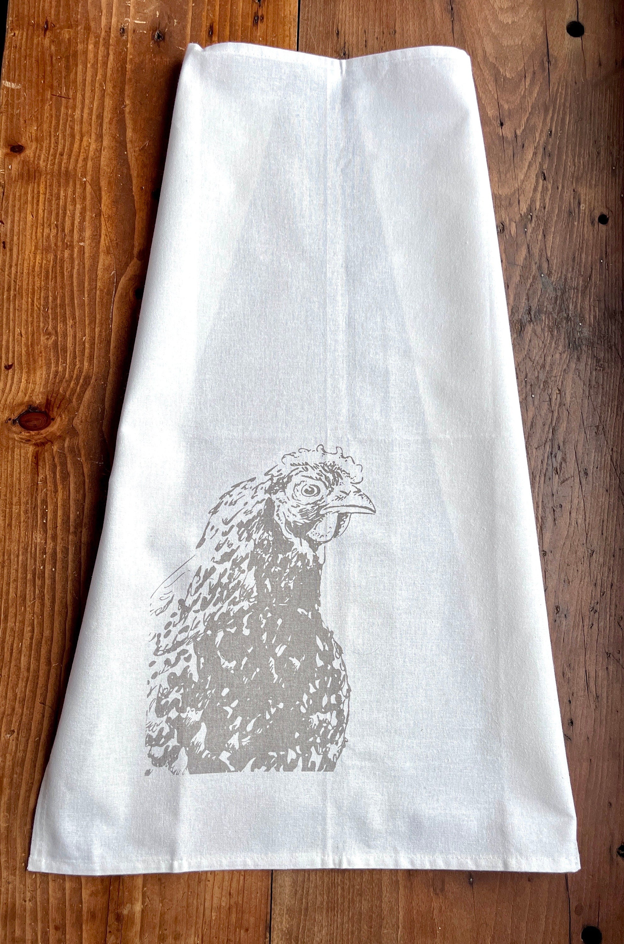 Bedrucktes weißes Geschirrtuch mit Huhn Illustration in grau, Siebdruck Henne, Küchen-Deko, Tischläufer Landhaus, Küchentuch Halbleinen