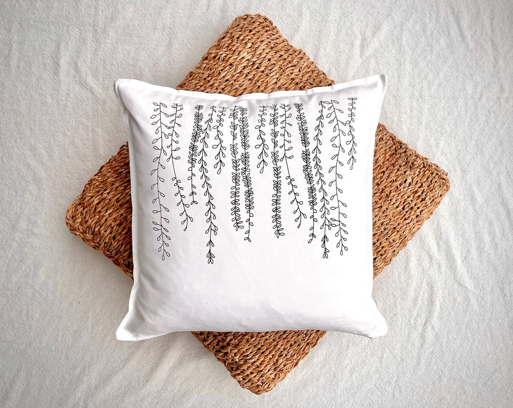 Minimalistischer Kissenbezug mit Motiv Ranken aus Baumwolle, Kissen Siebdruck Unikat, 50 x 50 cm, moderne Kissenhülle schwarz weiß