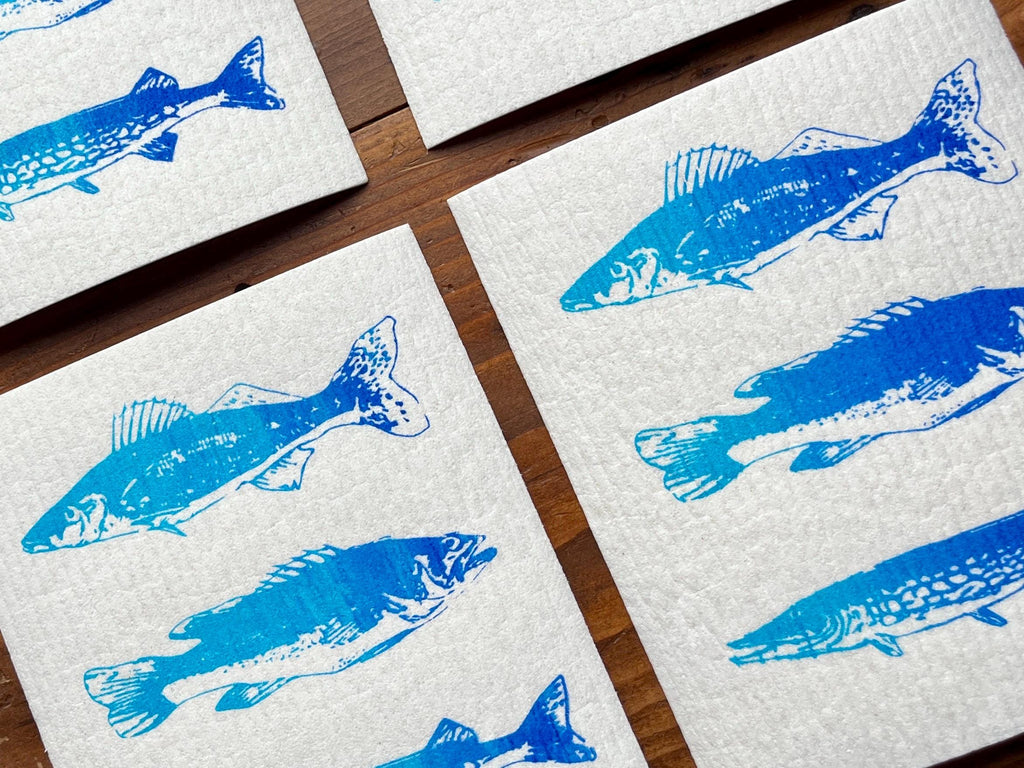 2er Set nachhaltige Schwammtücher mit Fischmotiv – handbedruckt & plastikfrei! Siebdruck Spülschwamm waschbar, maritime Geschenkidee