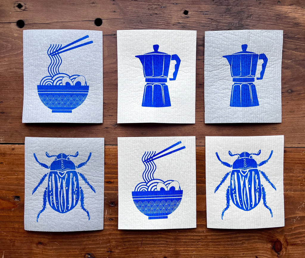 2er Set waschbare Schwammtücher mit Maikäfer, blau, weiß, grau, nachhaltig,  Siebdruck, Geschenk Küche