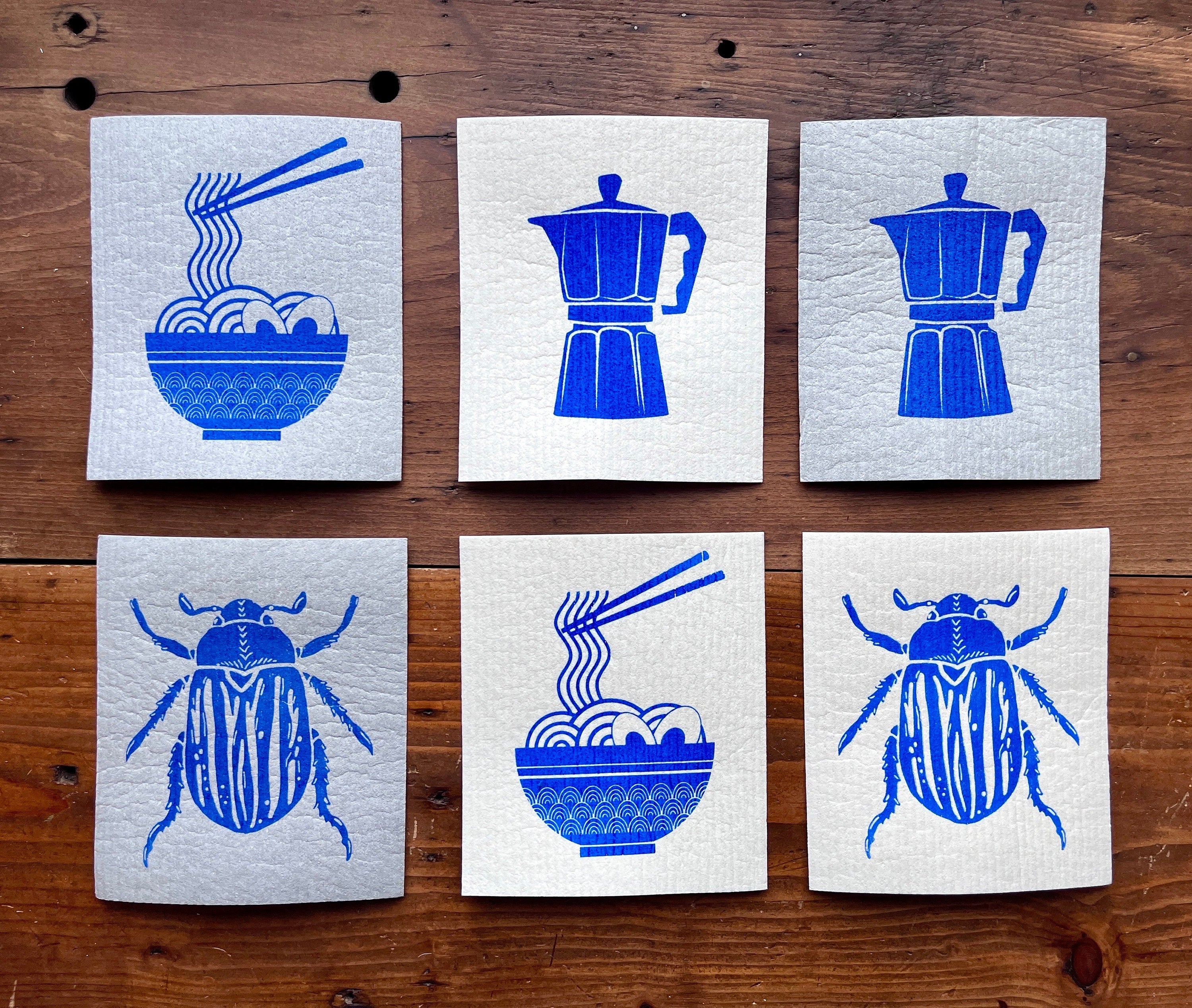 2er Set waschbare Schwammtücher mit Maikäfer, blau, weiß, grau, nachhaltig,  Siebdruck, Geschenk Küche