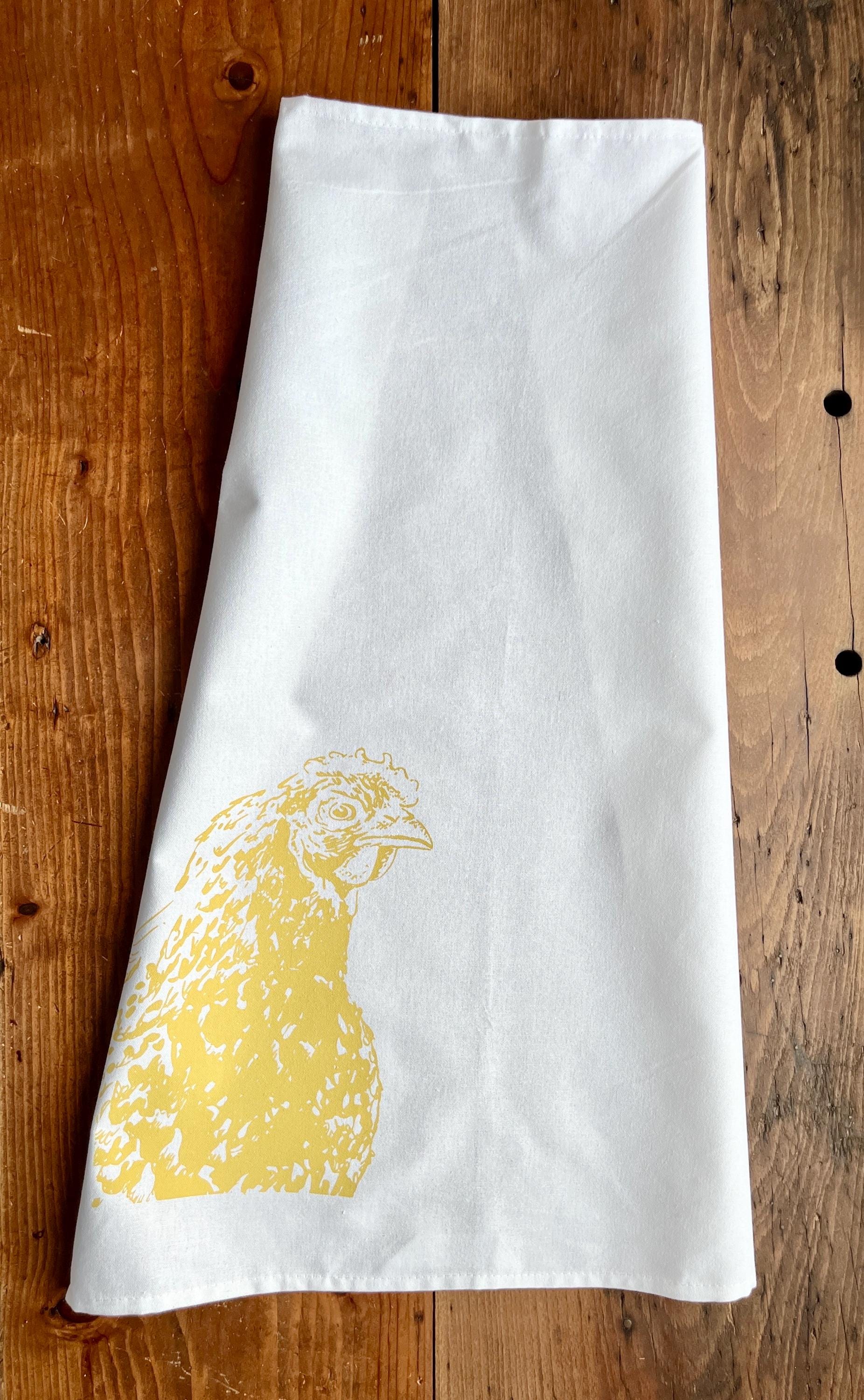 Handbedrucktes Geschirrtuch in weiß mit Huhn Illustration aus Halbleinen, einzigartige Siebdruck Handarbeit, Geschenk für Ostern