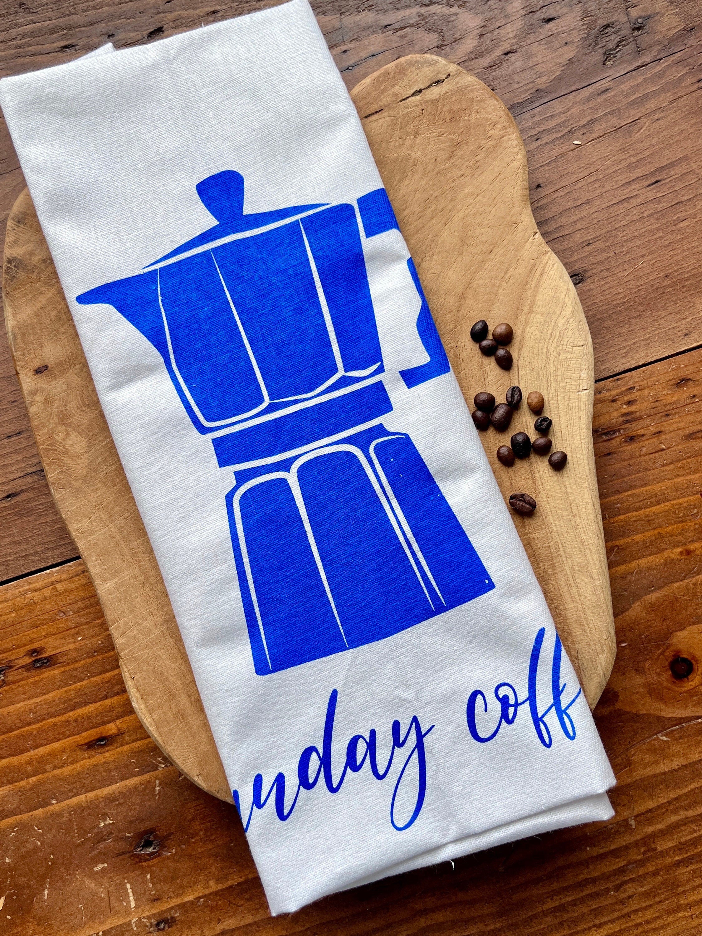 Geschirrtuch weiß bedruckt Espresso-Kanne, Küchentuch mit Siebdruck-Motiv, Geschenk Kaffee-Trinker, Halbleinen, Leinen
