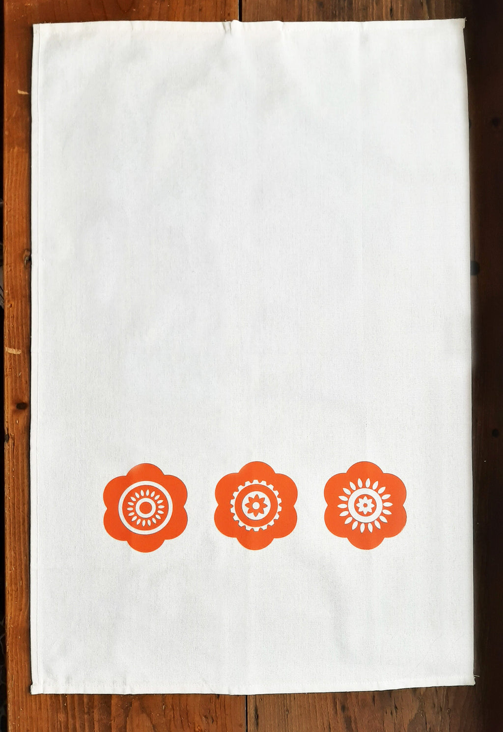 Bedrucktes Geschirrtuch mit Pril-Blumen, orange / weiß, Halbleinen, Siebdruck, Vintage, Tischläufer, Küchentuch Retro, Vintage, 70iger Jahre