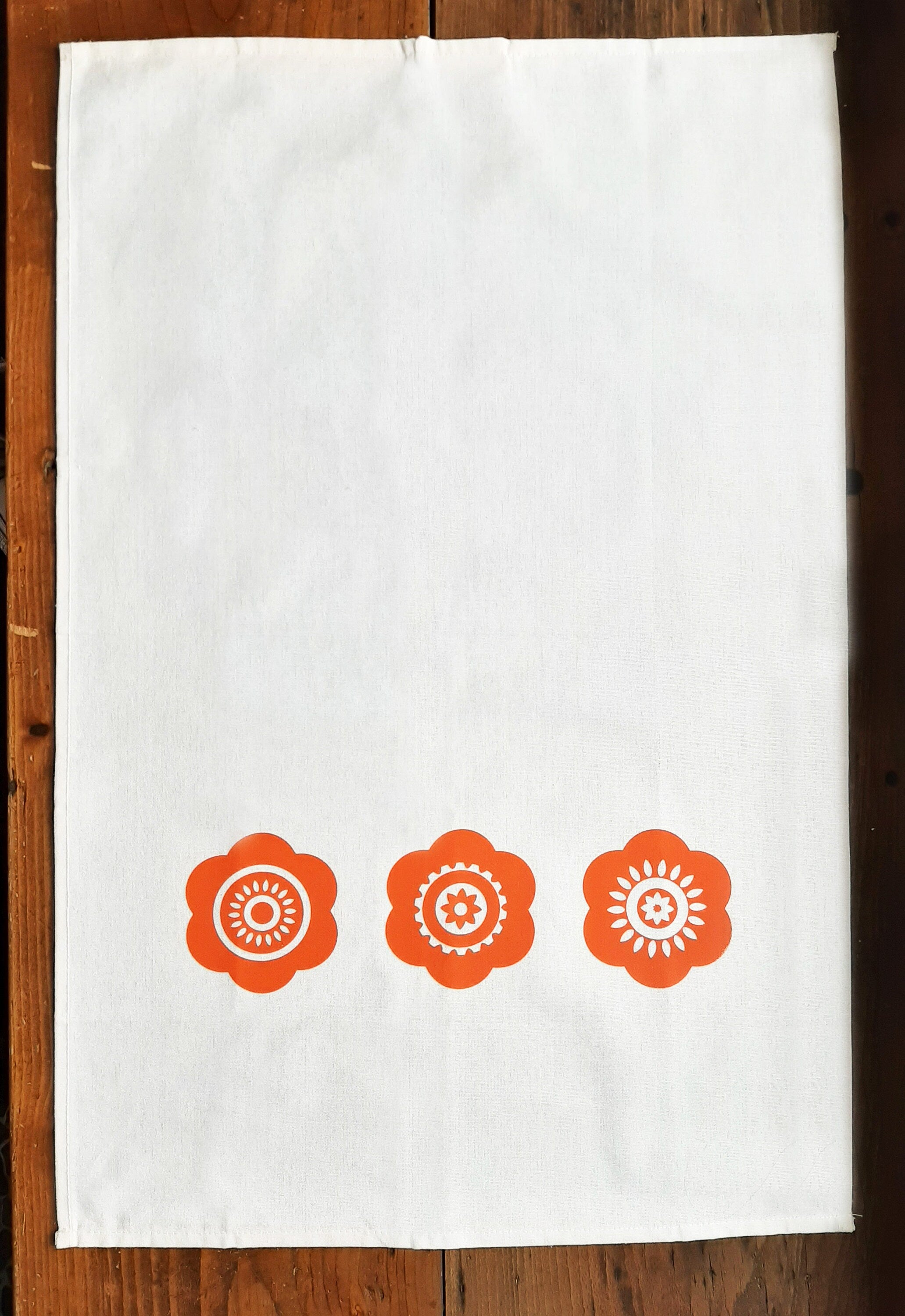 Bedrucktes Geschirrtuch mit Pril-Blumen, orange / weiß, Halbleinen, Siebdruck, Vintage, Tischläufer, Küchentuch Retro, Vintage, 70iger Jahre