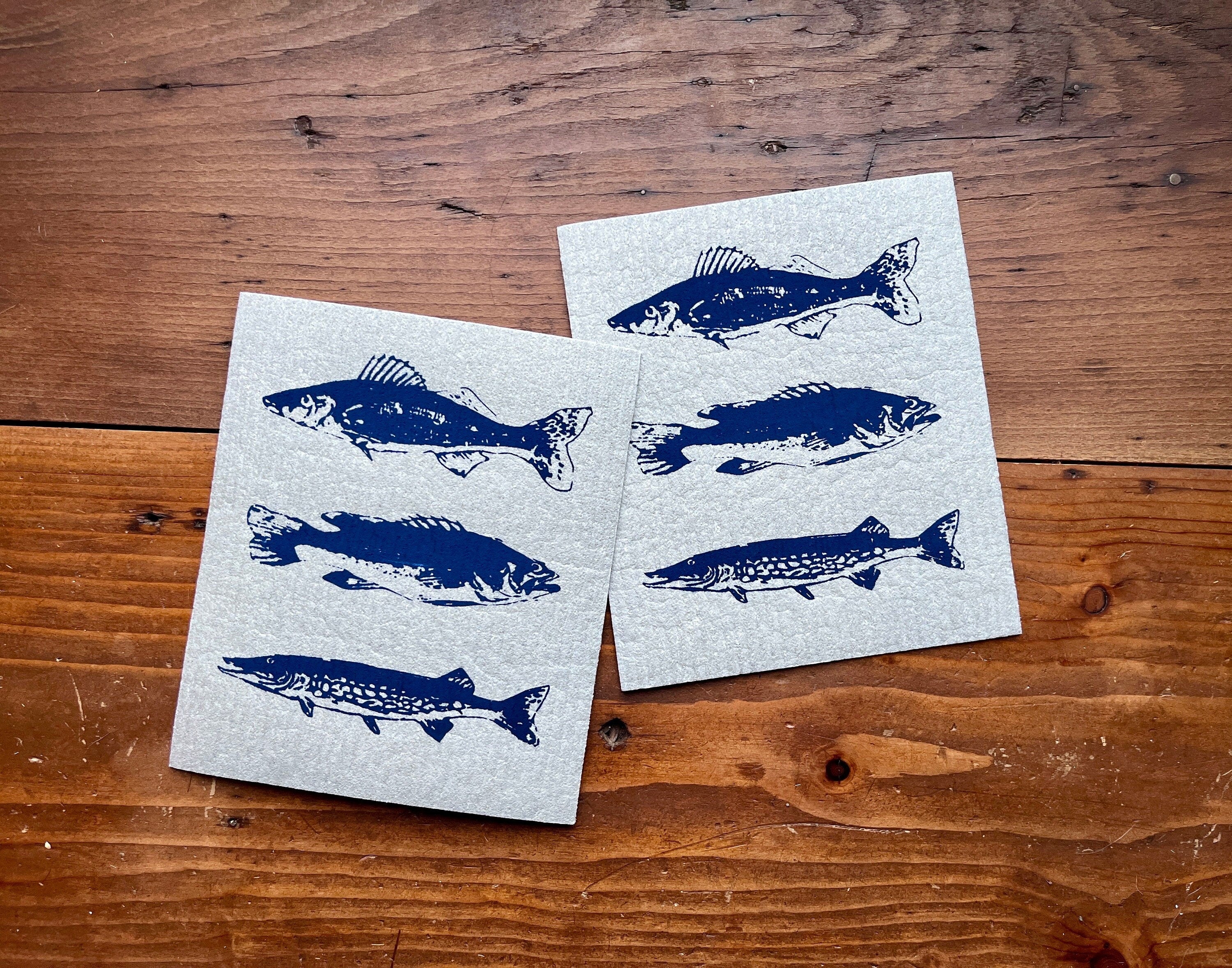 2er Set nachhaltige Schwammtücher mit Fischen, blau / grau, Siebdruck Spültuch vegan, Spülschwamm waschbar, maritime Geschenkidee