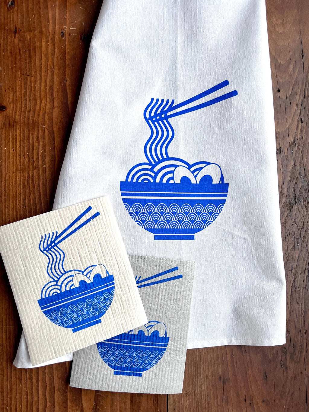 2er Set waschbare Schwammtücher mit Motiv „Ramen“, blau, weiß oder grau,  Siebdruck, Geschenk Küche asiatisch