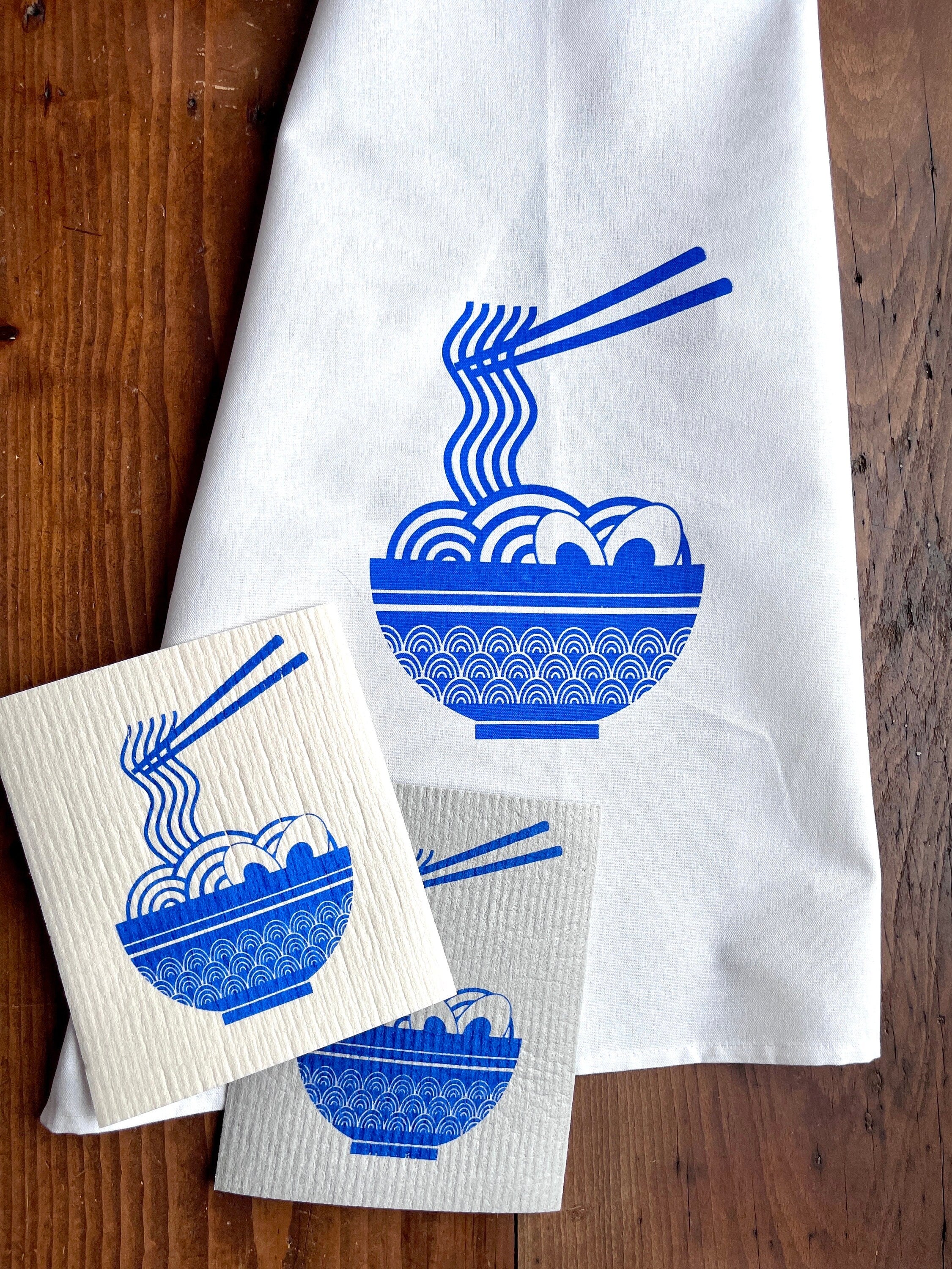 2er Set waschbare Schwammtücher mit Motiv „Ramen“, blau, weiß oder grau,  Siebdruck, Geschenk Küche asiatisch