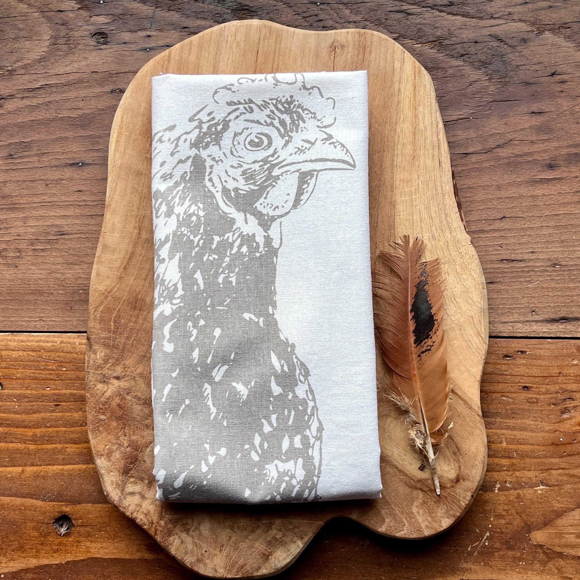 Bedrucktes weißes Geschirrtuch mit Huhn Illustration in grau, Siebdruck Henne, Küchen-Deko, Tischläufer Landhaus, Küchentuch Halbleinen