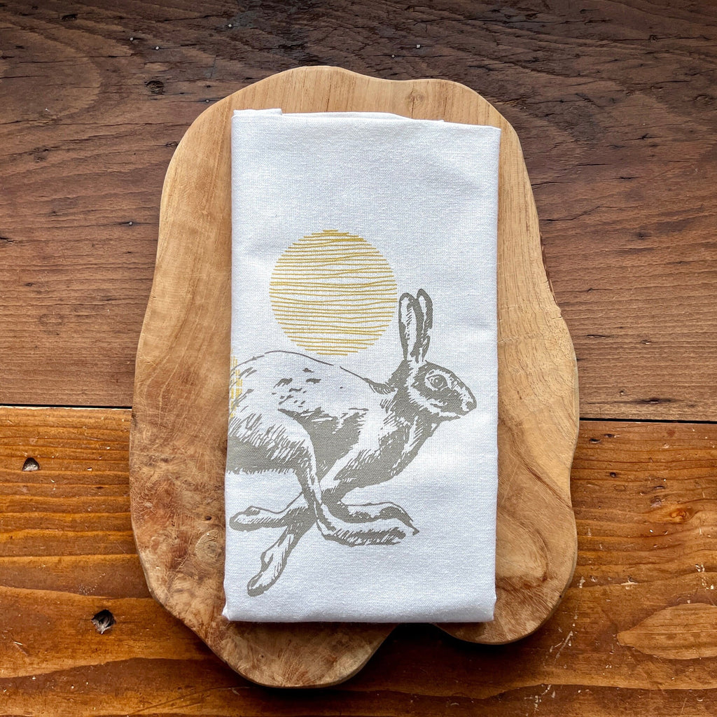 Halbleinen-Geschirrtuch mit Hase  handbedruckt, nachhaltige Osterdeko | Skandinavische Küchentextilien Siebdruck