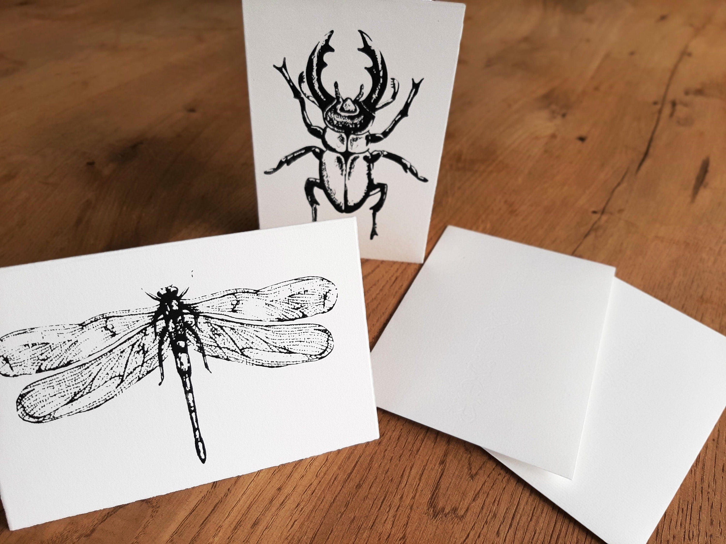 Edle Büttenpapier-Postkarten mit Libelle / Hirschkäfer, handbedruckte Unikate Siebdruck, 2er Set Klappkarten mit Briefumschlägen