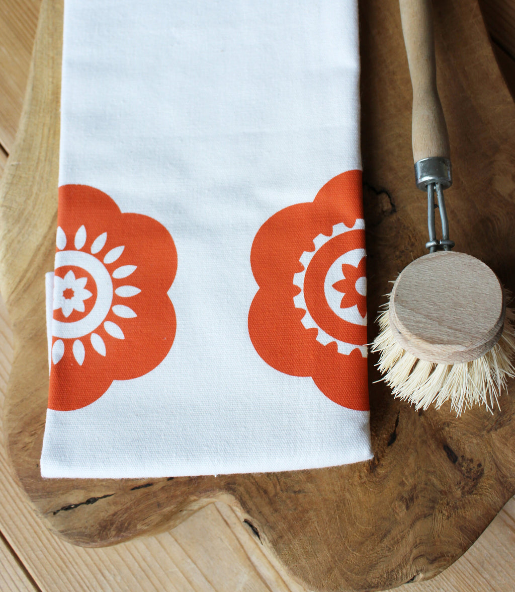 Bedrucktes Geschirrtuch mit Pril-Blumen, orange / weiß, Halbleinen, Siebdruck, Vintage, Tischläufer, Küchentuch Retro, Vintage, 70iger Jahre