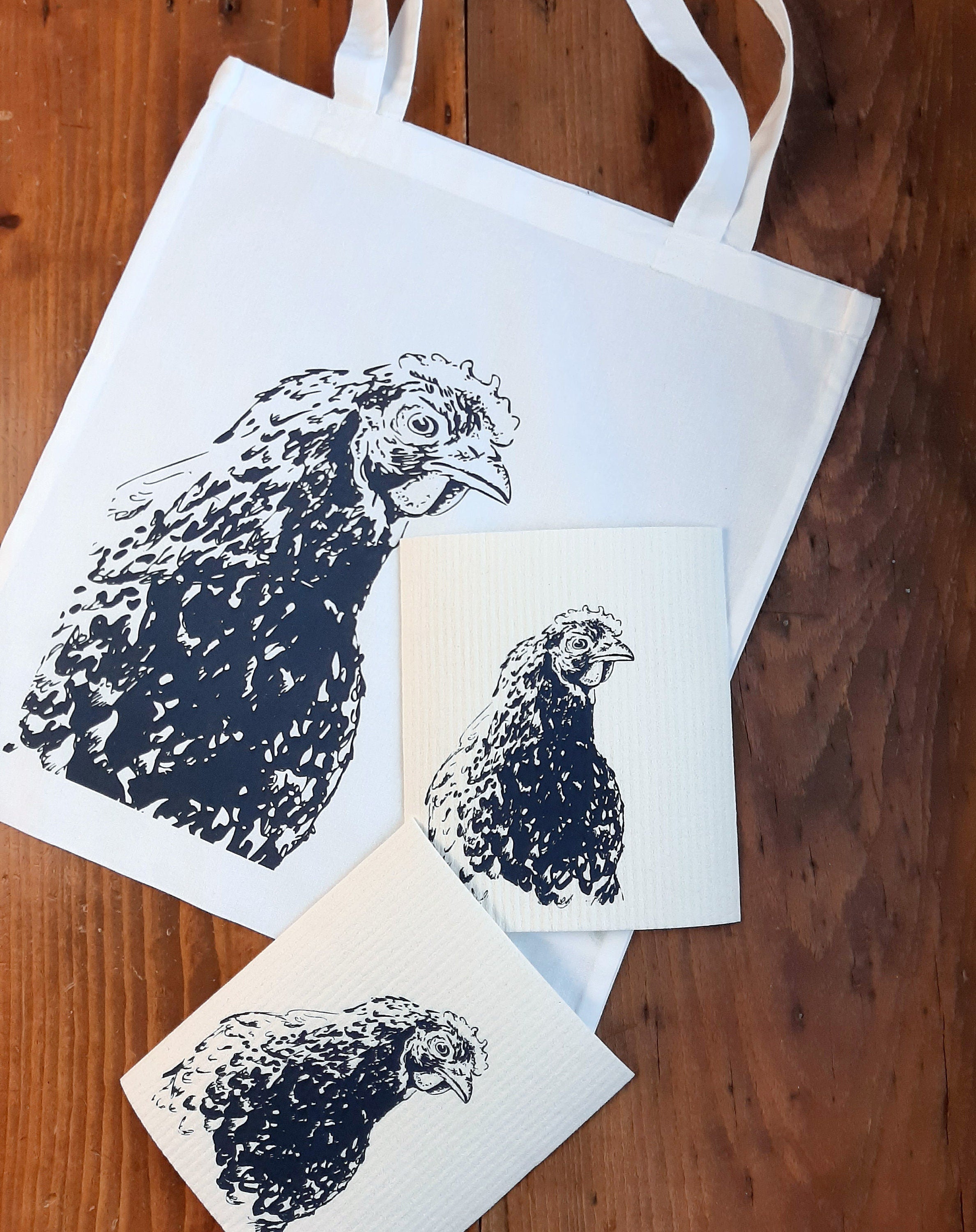 Bedruckte graue Baumwoll-Tragetasche mit Illustration "Huhn /Henne" dunkel-blau, Baumwollbeutel Siebdruck Unikat, nachhaltige Geschenkidee
