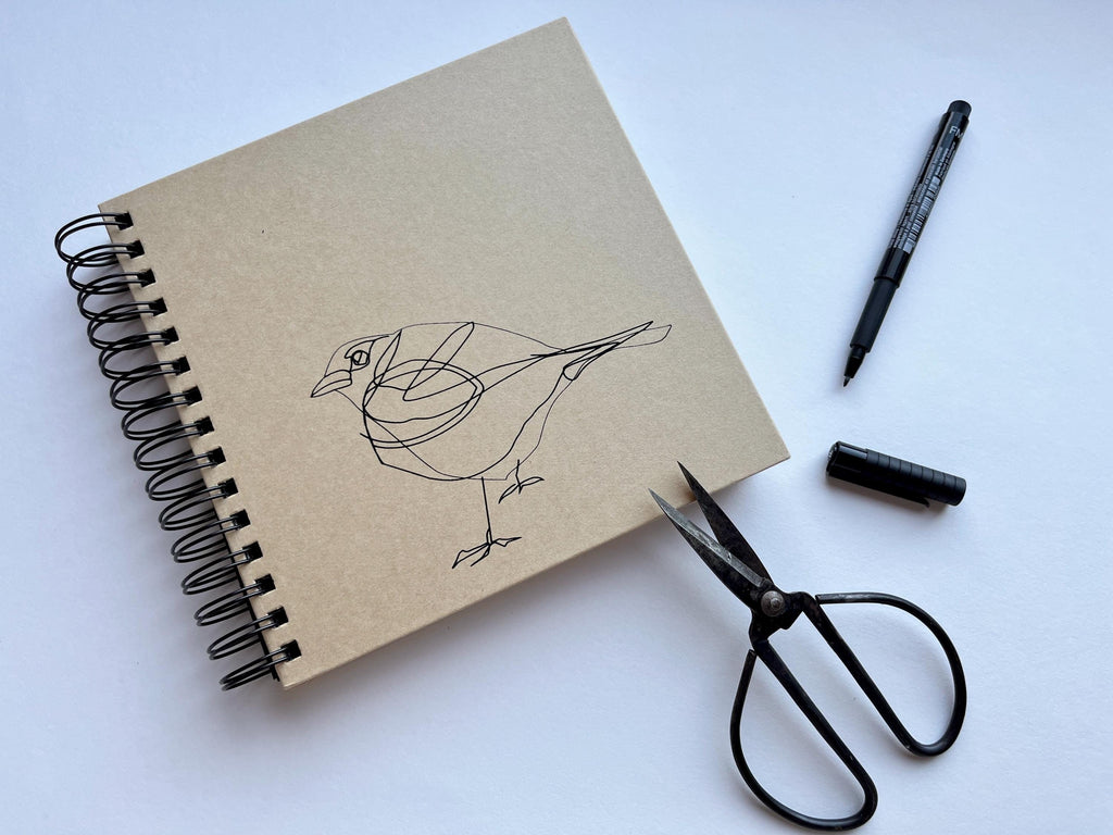 Handbedrucktes Skizzenbuch / Reisetagebuch mit Siebdruck Motiv Spatz, Geschenk für Künstler, handgemachtes Journal für Kreative und Reisen
