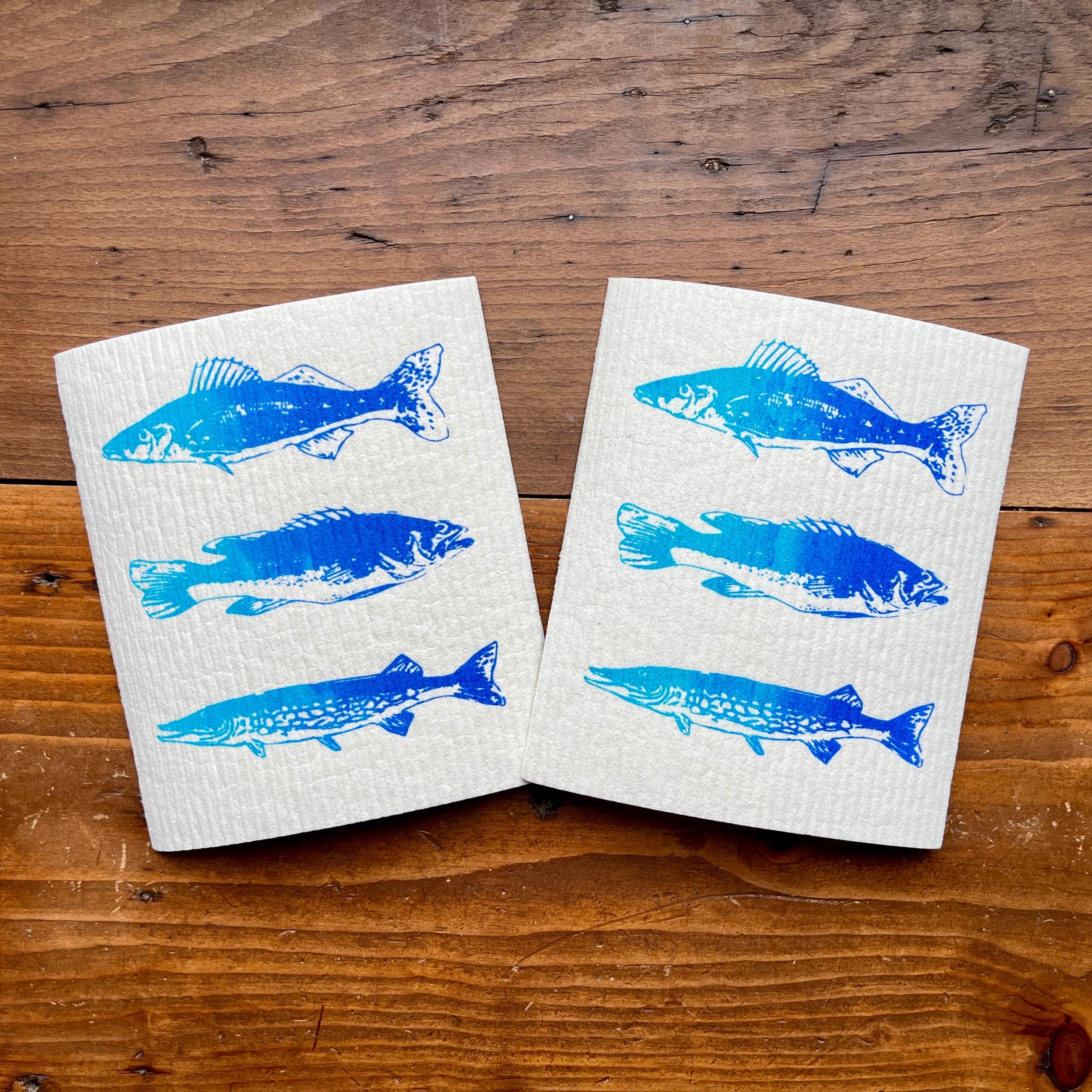 2er Set nachhaltige Schwammtücher mit Fischmotiv – handbedruckt & plastikfrei! Siebdruck Spülschwamm waschbar, maritime Geschenkidee