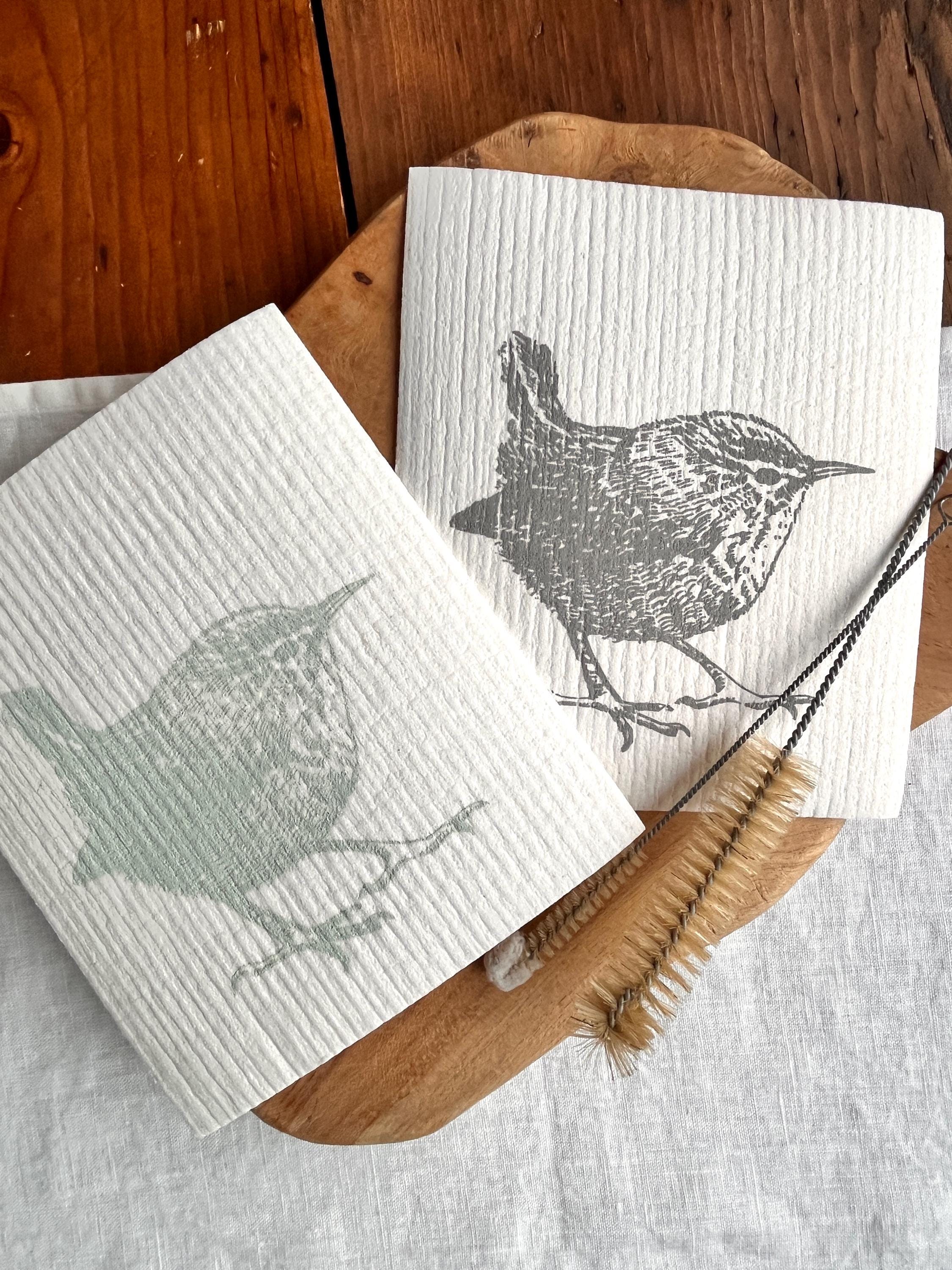 Nachhaltiges Geschenk 2er Set Schwammtücher handbedruckt mit Zaunkönig | Siebdruck Handarbeit  |Zero-Waste Geschenk | Waschbare Küchentücher
