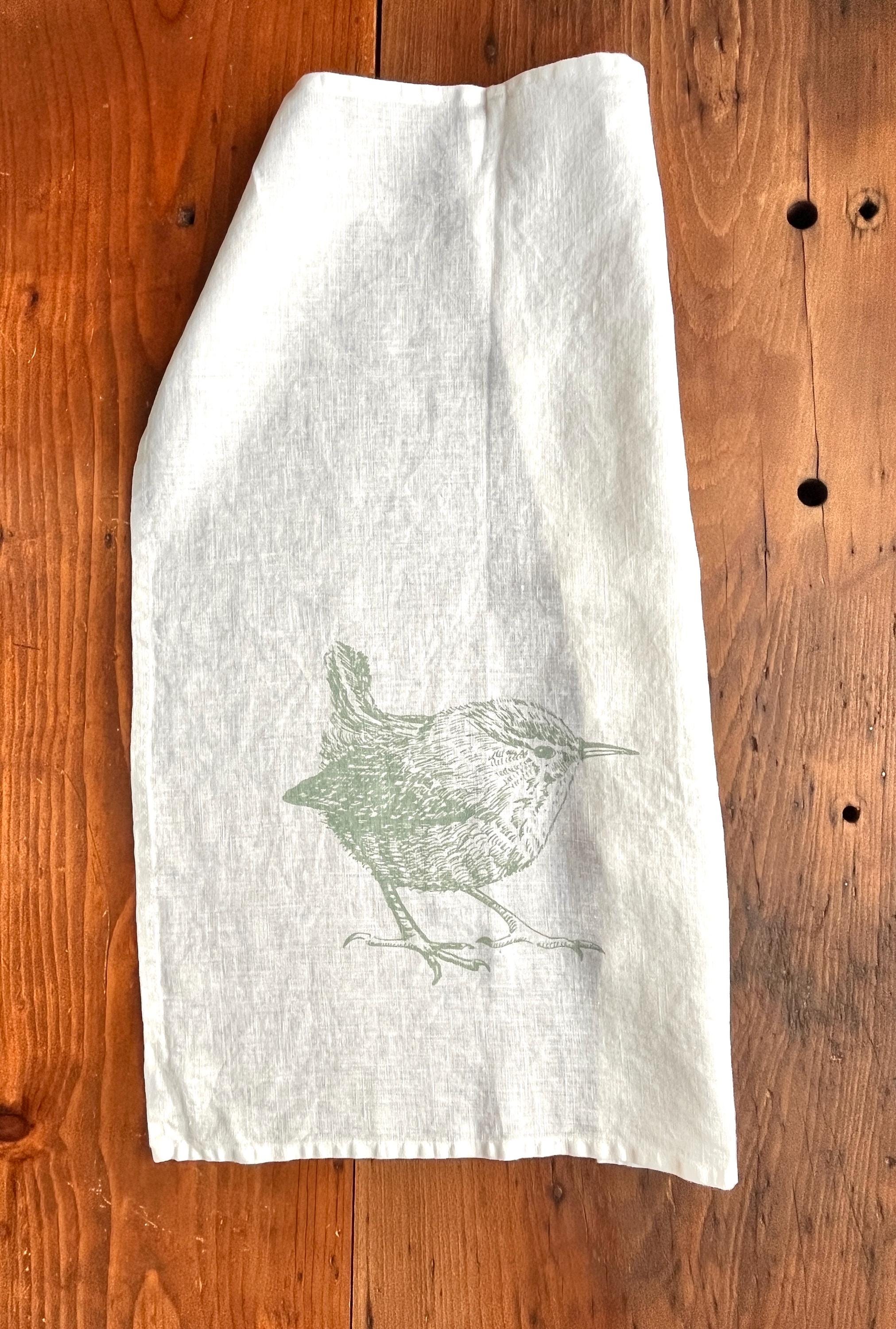 Leinen-Geschirrtuch mit Motiv Zaunkönig in eisblau, Siebdruck, Tischläufer/Küchentuch aus vorgewaschenem Leinen naturweiß, Wohndeko Frühlimg