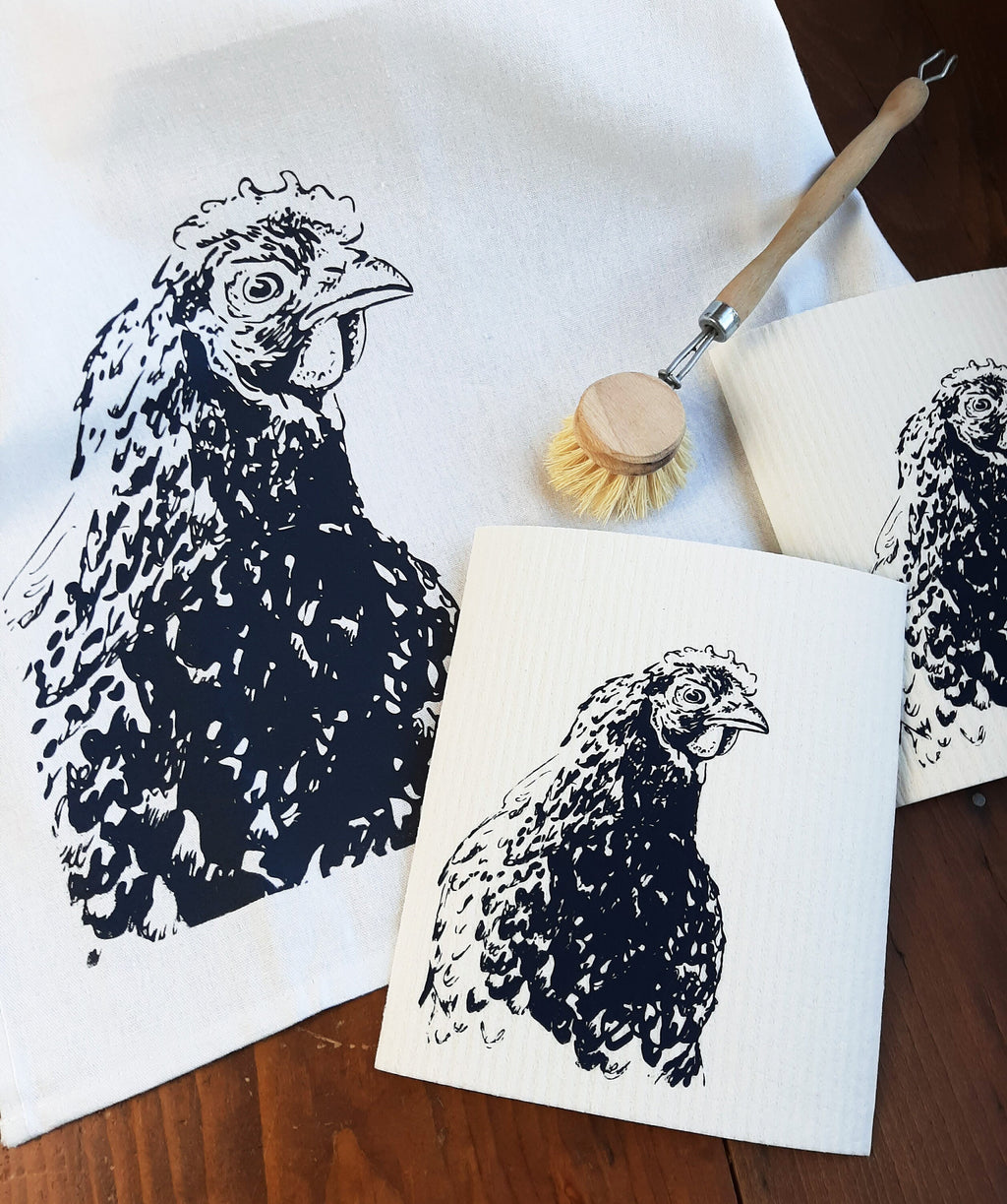 2er Set Schwammtücher "Huhn / Henne", blau / grau / weiß, waschbar, Siebdruck, Landhaus, Spültuch vegan, Spülschwamm nachhaltig, Osterdeko