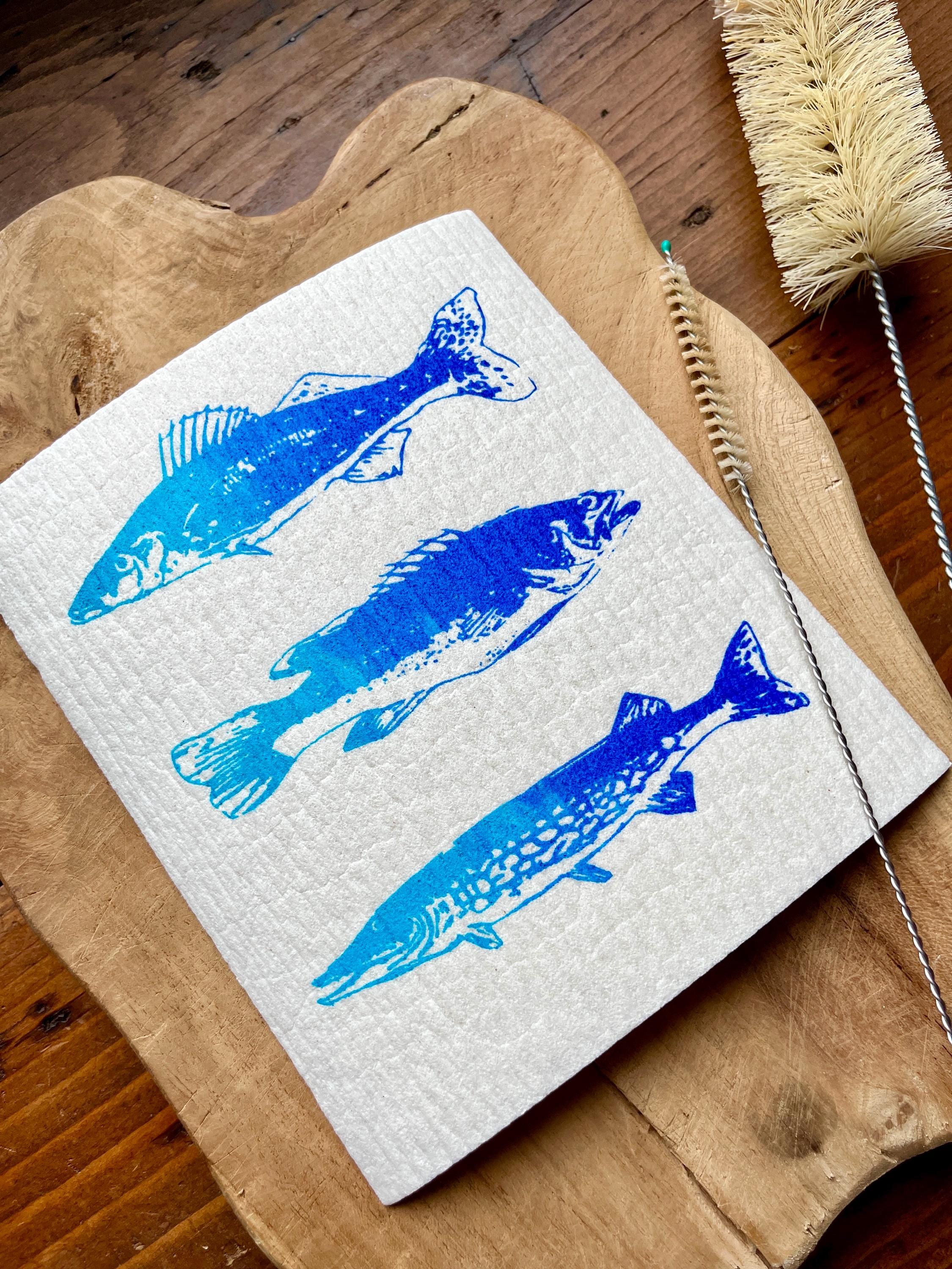 2er Set nachhaltige Schwammtücher mit Fischmotiv – handbedruckt & plastikfrei! Siebdruck Spülschwamm waschbar, maritime Geschenkidee