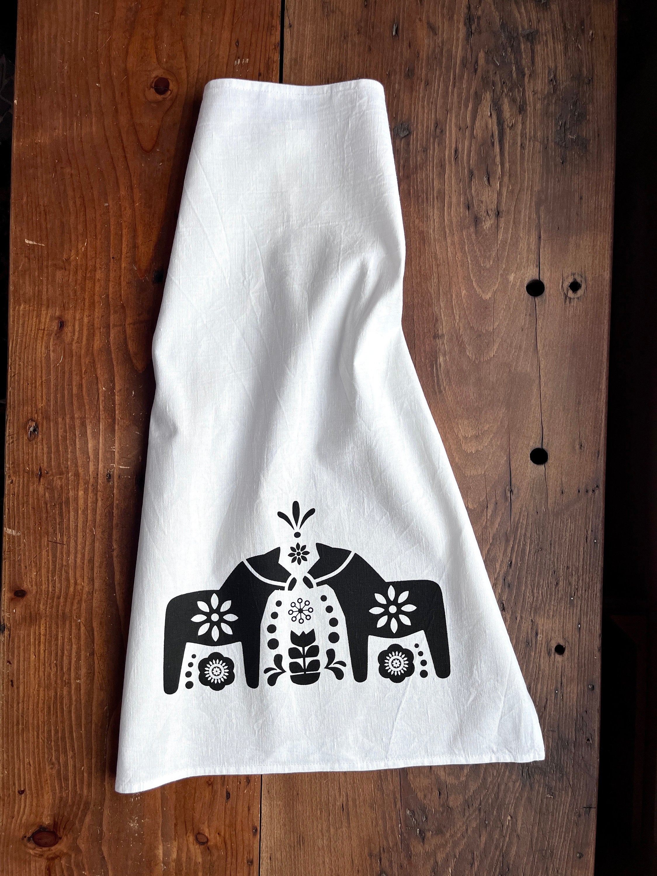 Halbleinen Geschirrtuch mit skandinavischen Motiv "Dalarna-Pferd" handbedruckt, Siebdruck Handarbeit, Geschenk für Skandinavien-Liebhaber