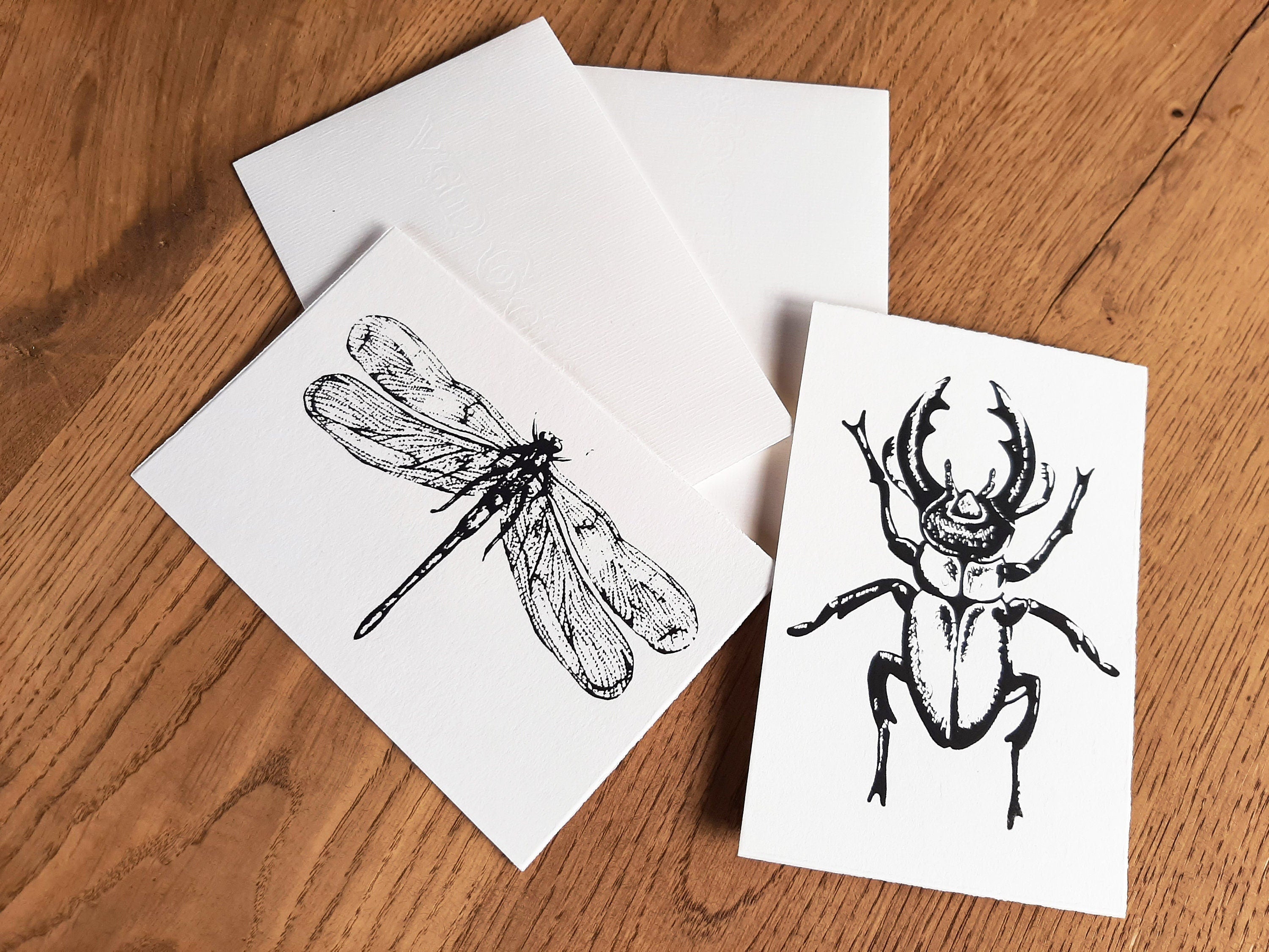 Edle Büttenpapier-Postkarten mit Libelle / Hirschkäfer, handbedruckte Unikate Siebdruck, 2er Set Klappkarten mit Briefumschlägen
