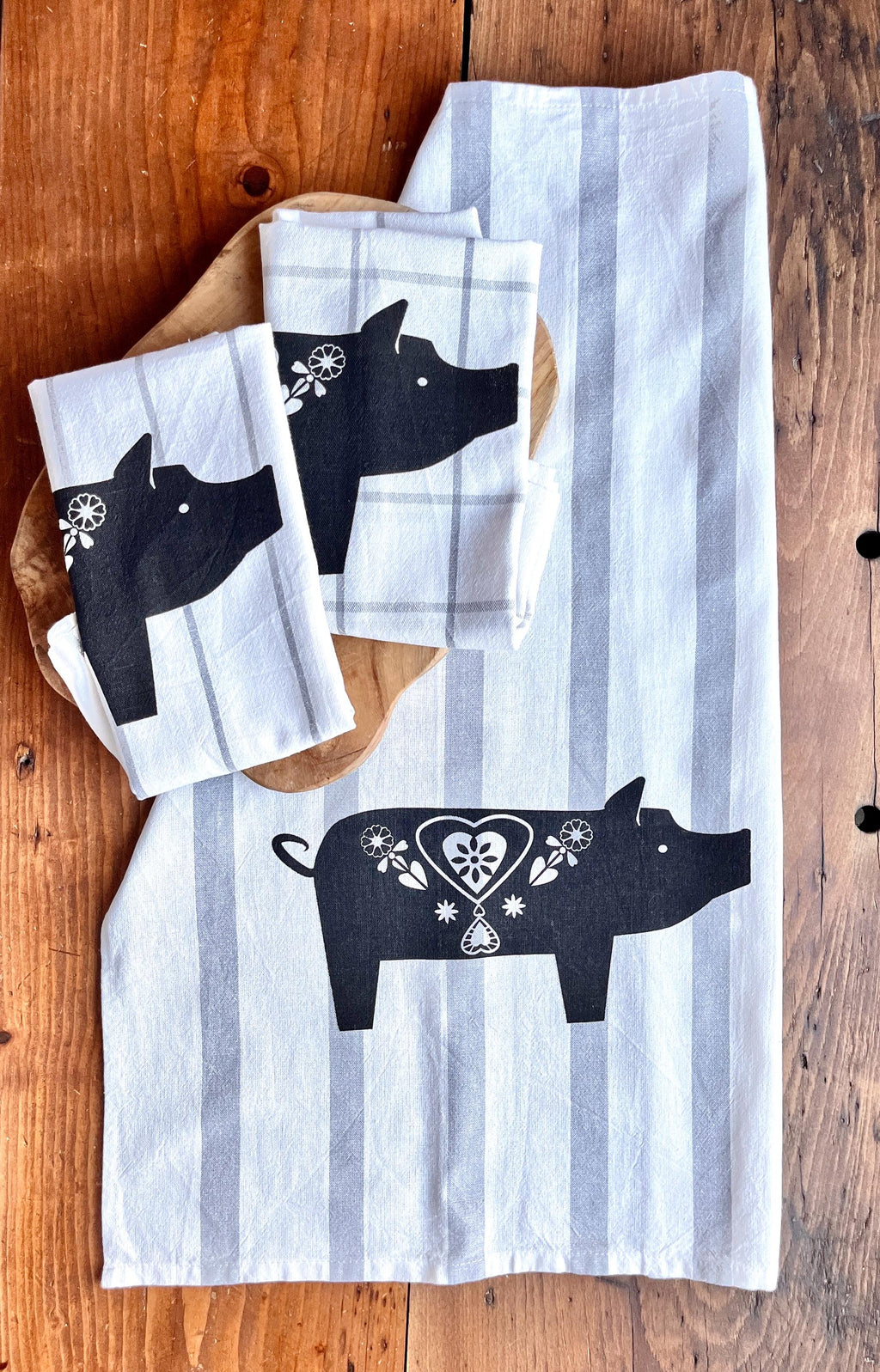 3er Set Geschirrtücher grau-weiß gestreift und kariert mit Schweinchen, Siebdruck Unikat, Küchentuch skandinavisch, Tischdeko modern