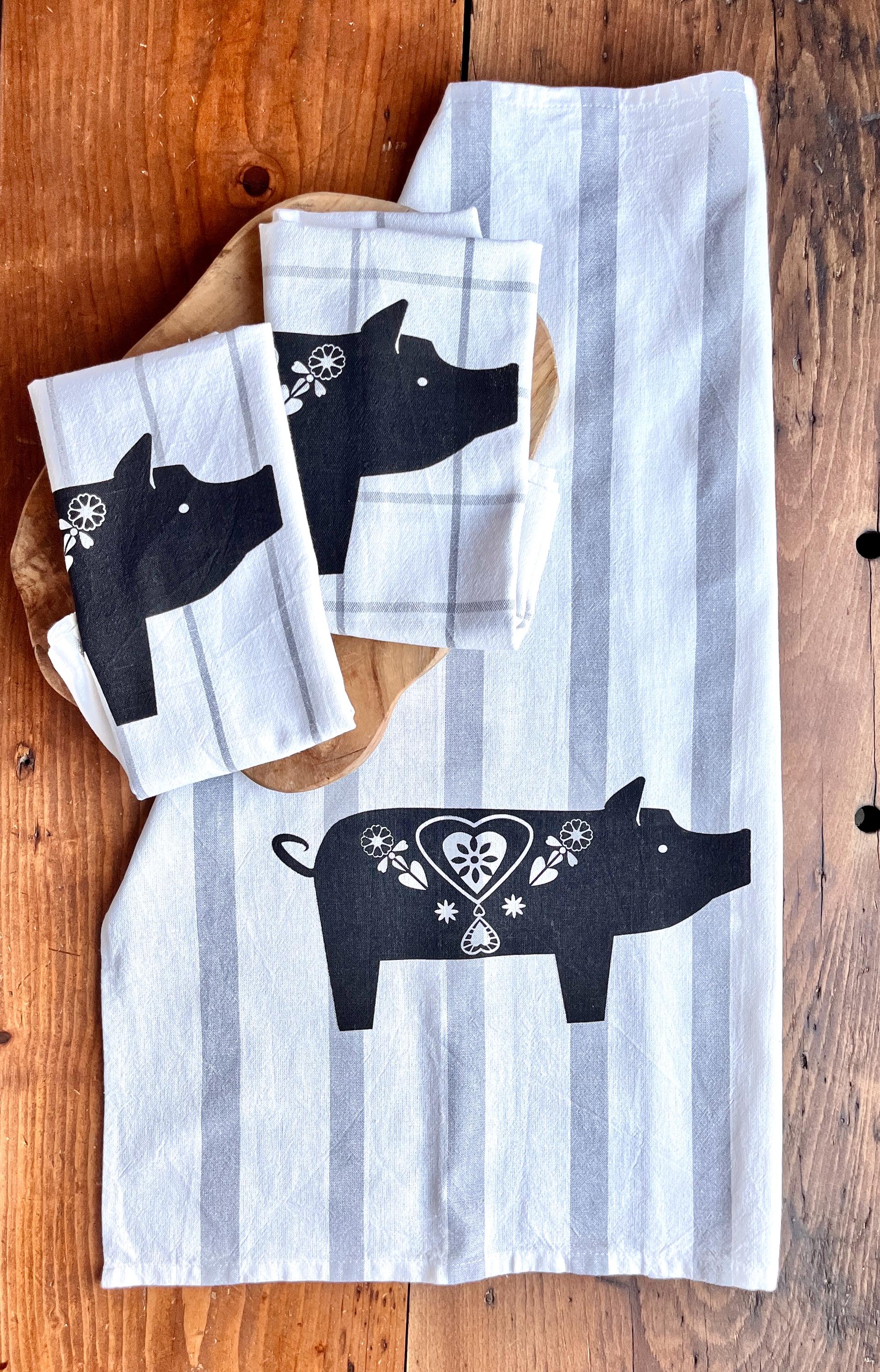 3er Set Geschirrtücher grau-weiß gestreift und kariert mit Schweinchen, Siebdruck Unikat, Küchentuch skandinavisch, Tischdeko modern