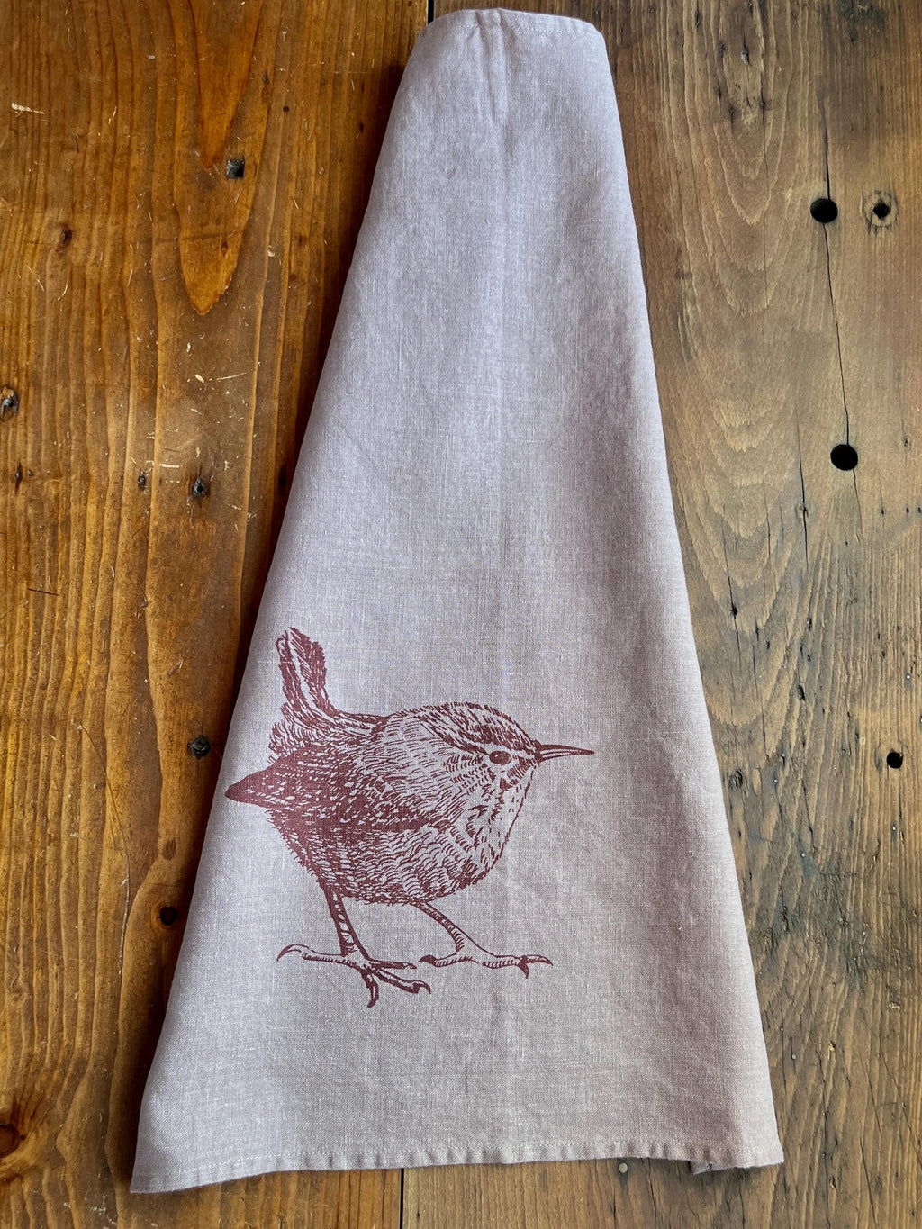 Leinen-Geschirrtuch mit Zaunkönig in taupe / Brombeere, Siebdruck, nachhaltiges, vorgewaschenes Leinen handbedruckt, kleiner Tischläufer