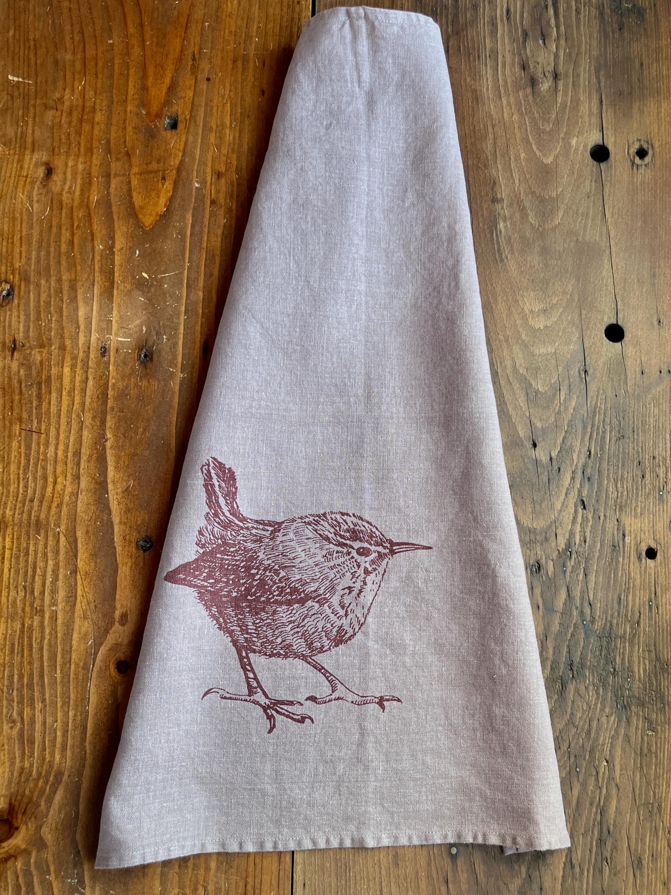 Leinen-Geschirrtuch mit Zaunkönig in taupe / Brombeere, Siebdruck, nachhaltiges, vorgewaschenes Leinen handbedruckt, kleiner Tischläufer