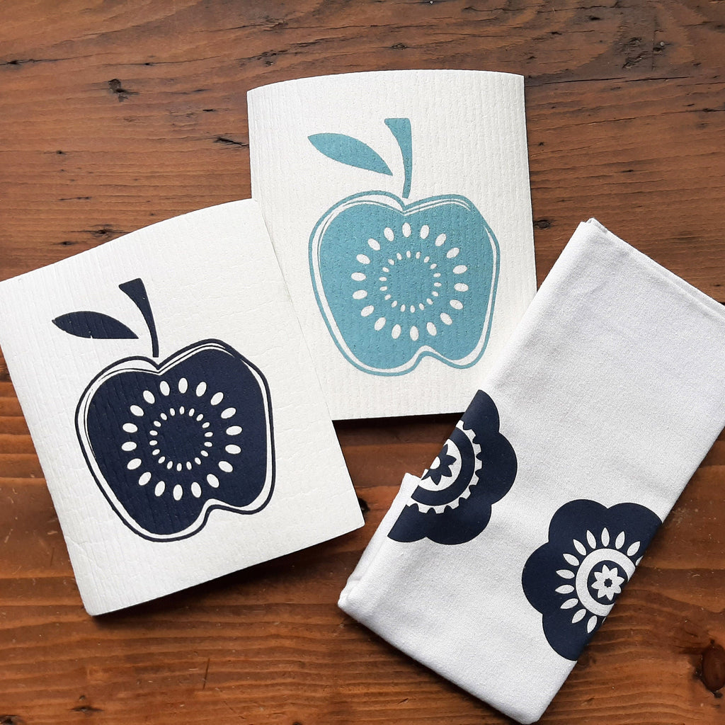 2er Set nachhaltige Schwammtücher mit Motiv Apfel, Siebdruck, veganes, waschbares Spültuch, Geschenk für Vintage-Fan, 70iger Jahre Deko