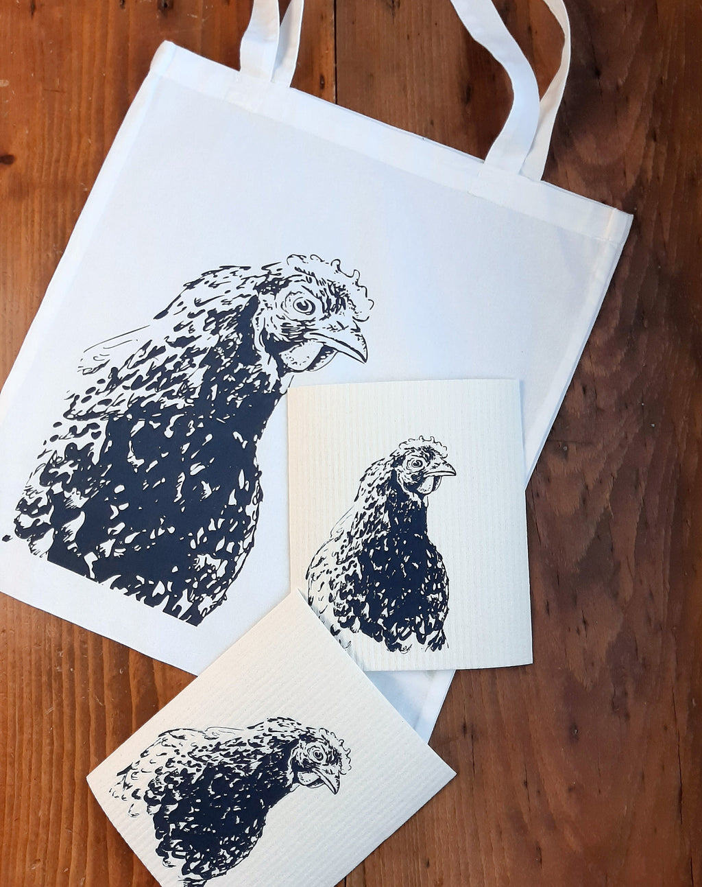 Nachhaltige waschbare Schwammtücher im 2er Set, handbedruckt mit Huhn, Siebdruck, Geschenk Hühnerhalter, perfekt für Ostern & Frühling